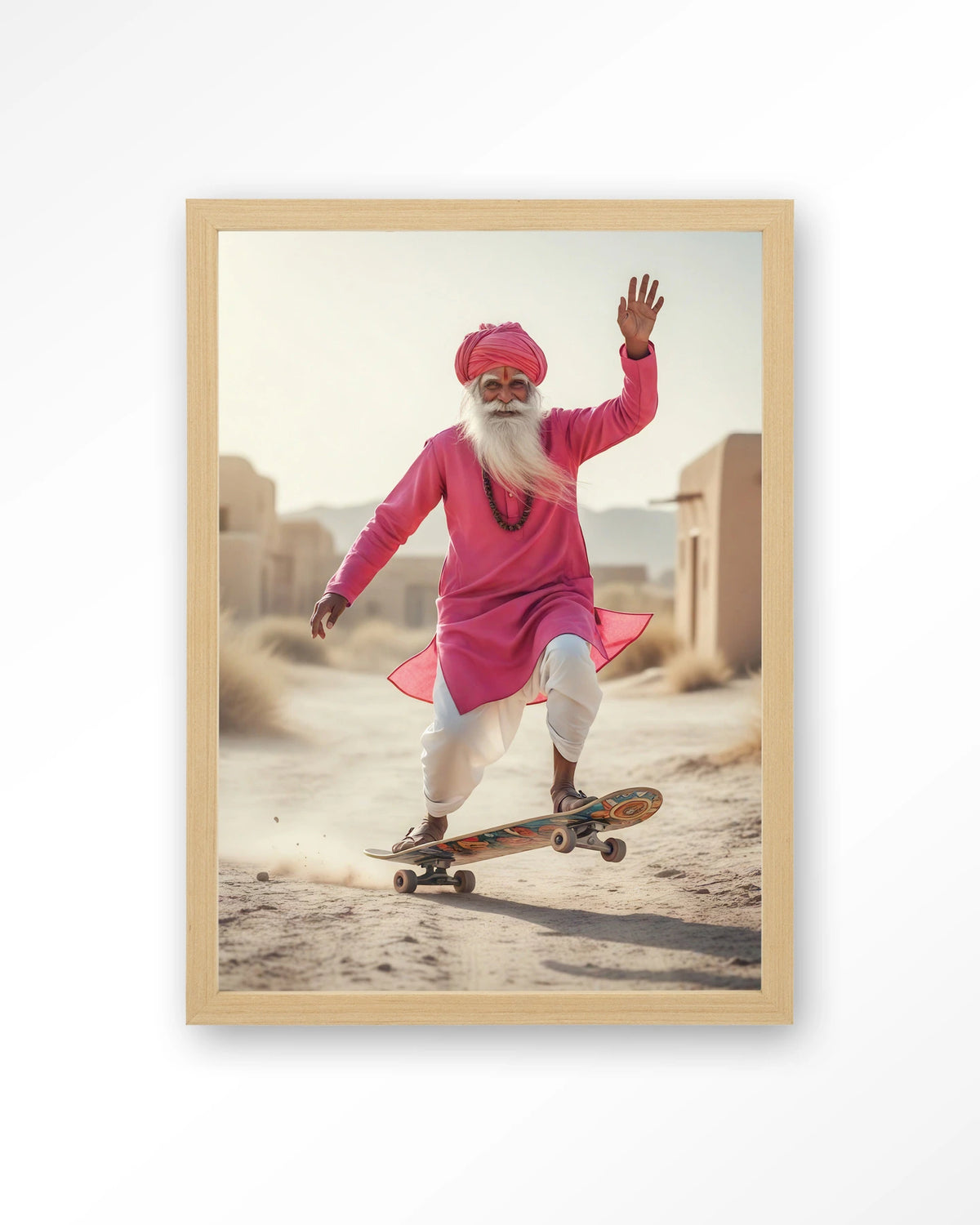 Skating Glory – man op skateboard in roze – Art print – Hout naturel
