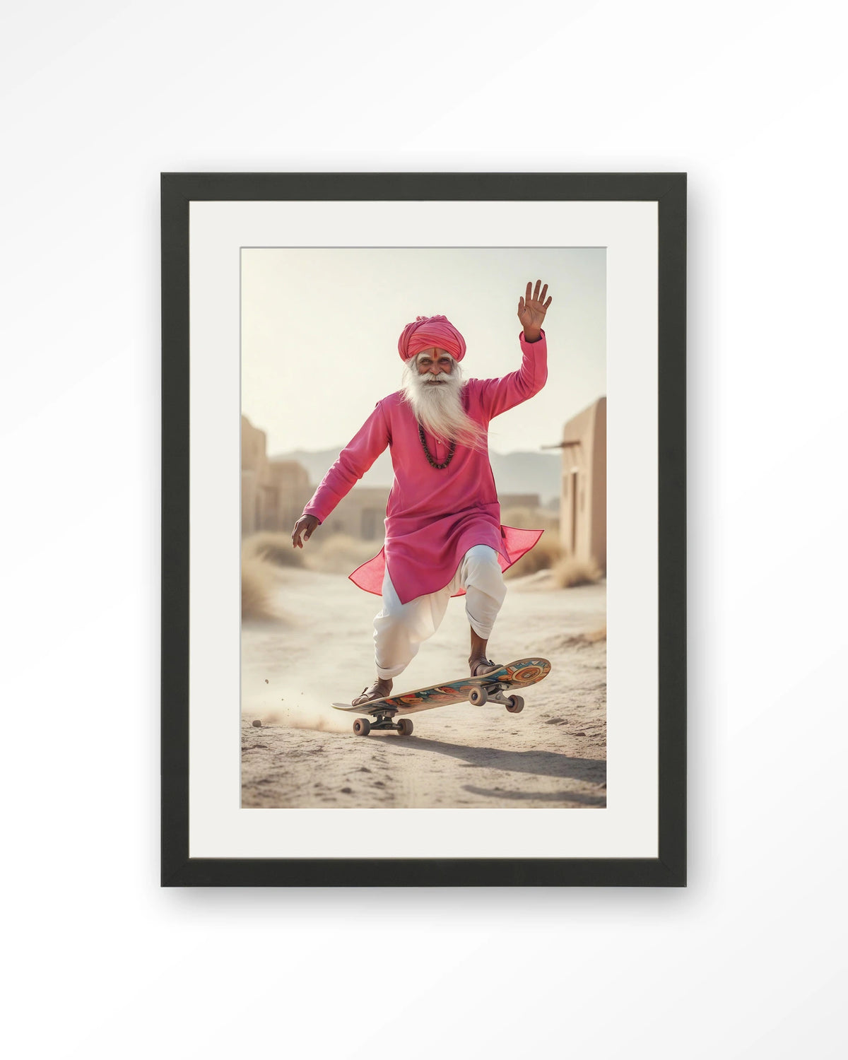 Skating Glory – man op skateboard in roze – Art print – Hout zwart + passe-partout