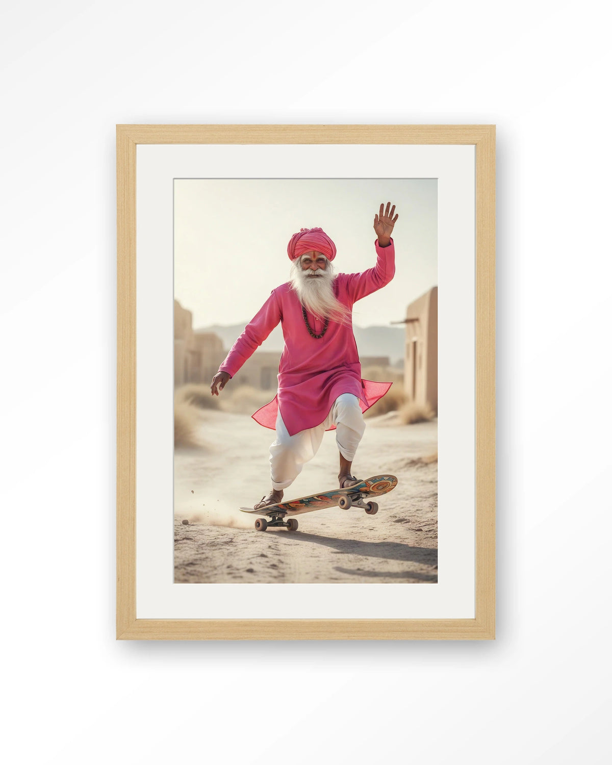 Skating Glory – man op skateboard in roze – Art print – Hout naturel + passe-partout