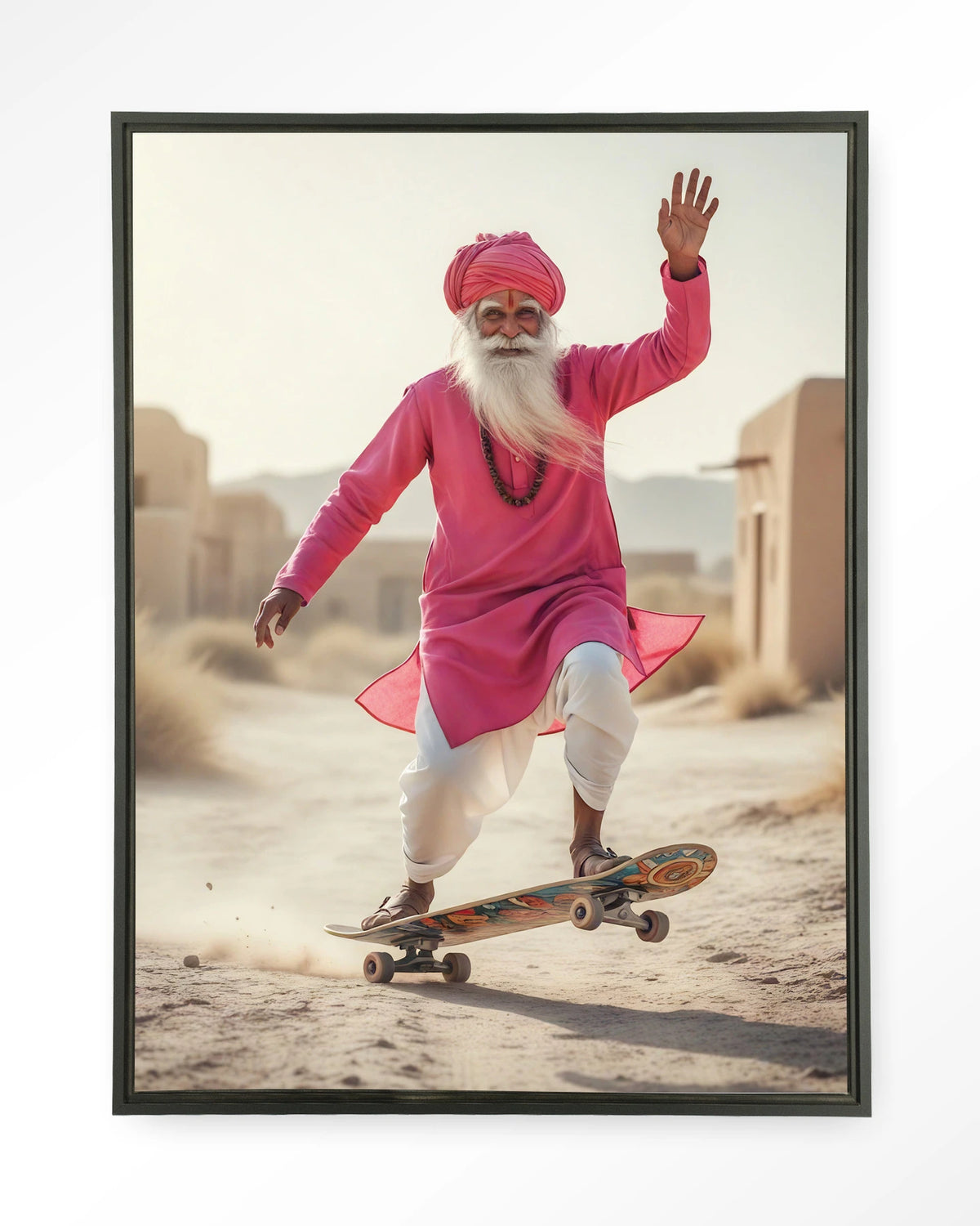 Skating Glory – man op skateboard in roze – Wandkleed – Floating frame – zwart