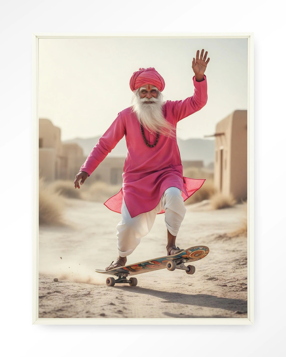 Skating Glory – man op skateboard in roze – Wandkleed – Floating frame – wit