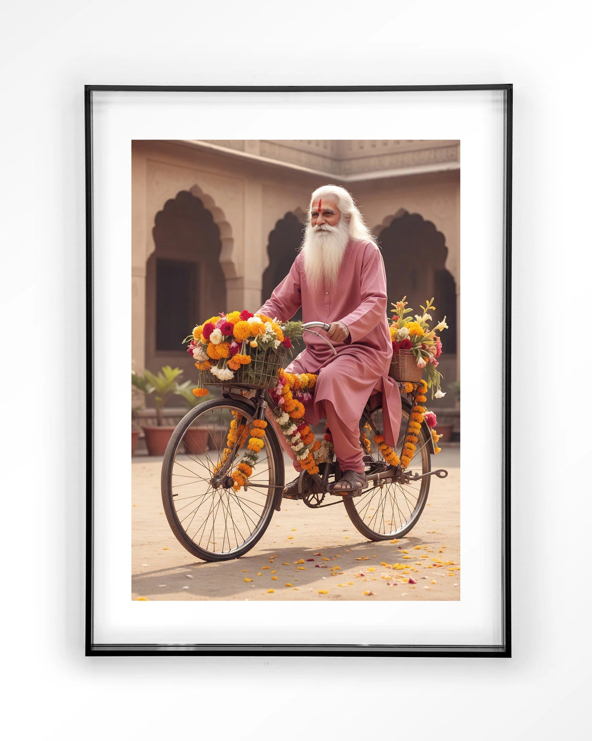Flower Bike – man op fiets met bloemenslingers – Art print – Acryl zwart