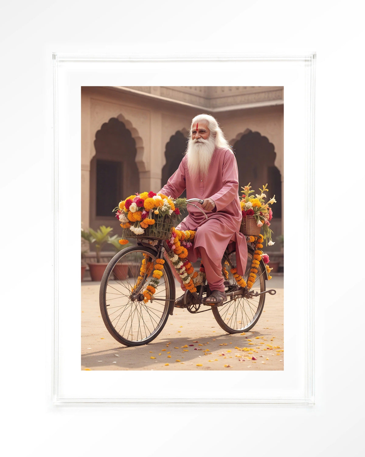 Flower Bike – man op fiets met bloemenslingers – Art print – Acryl doorzichtig
