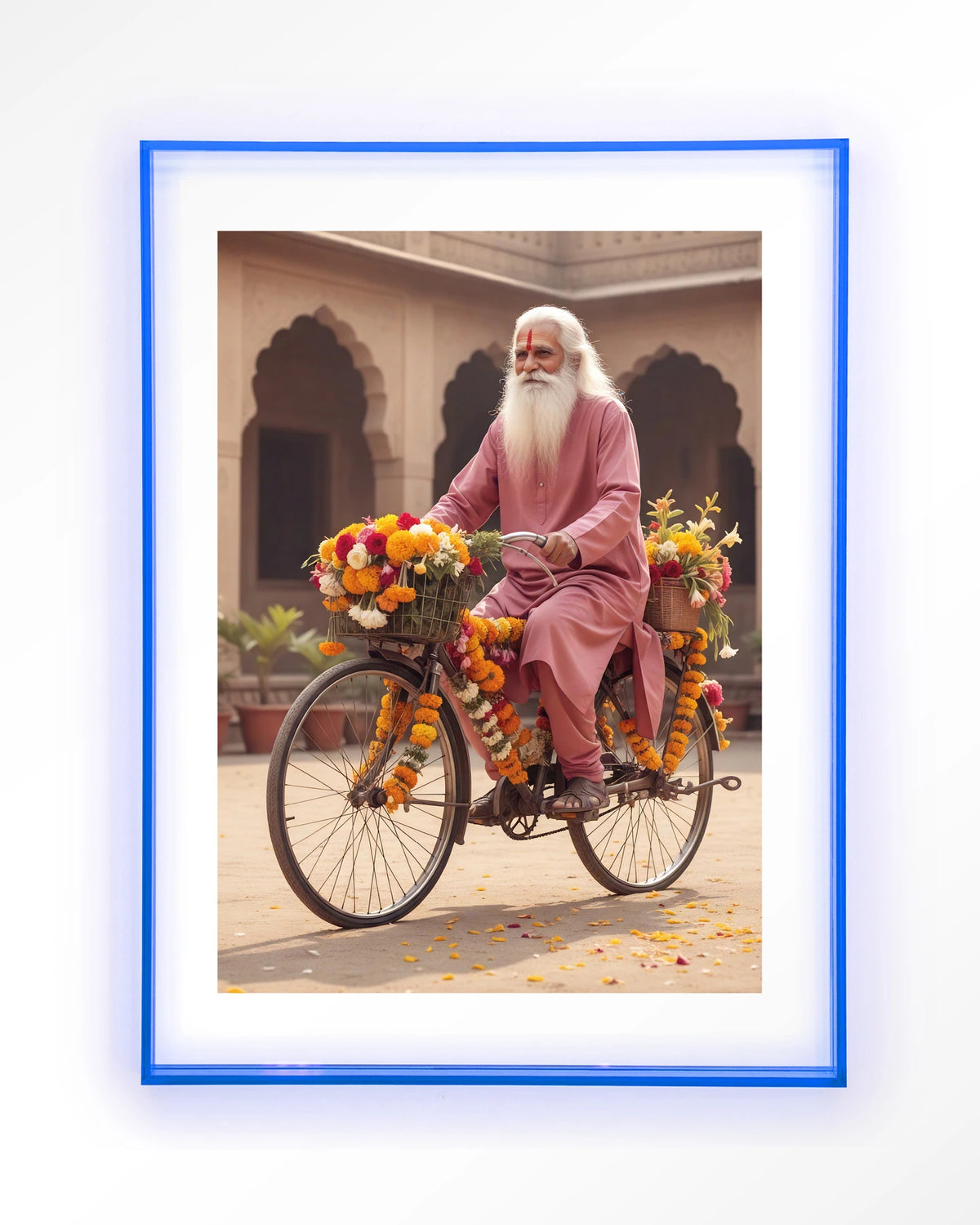 Flower Bike – man op fiets met bloemenslingers – Art print – Acryl lichtblauw