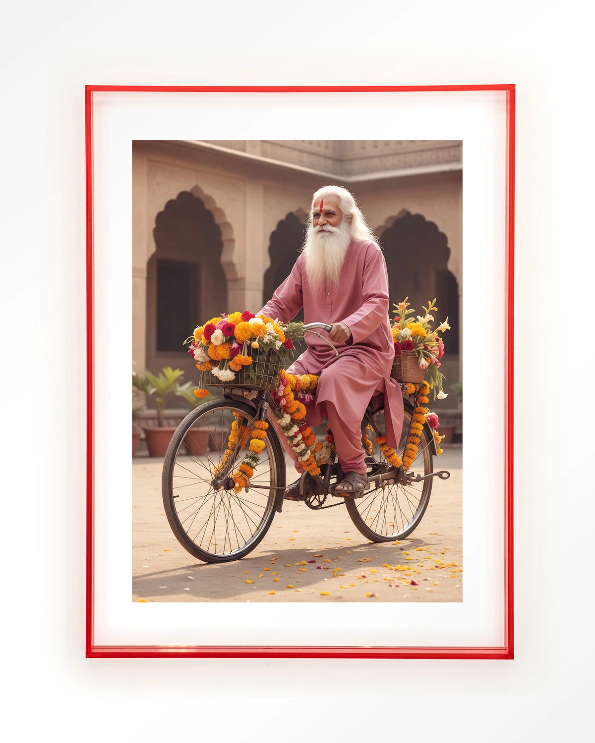 Flower Bike – man op fiets met bloemenslingers – Art print – Acryl roze
