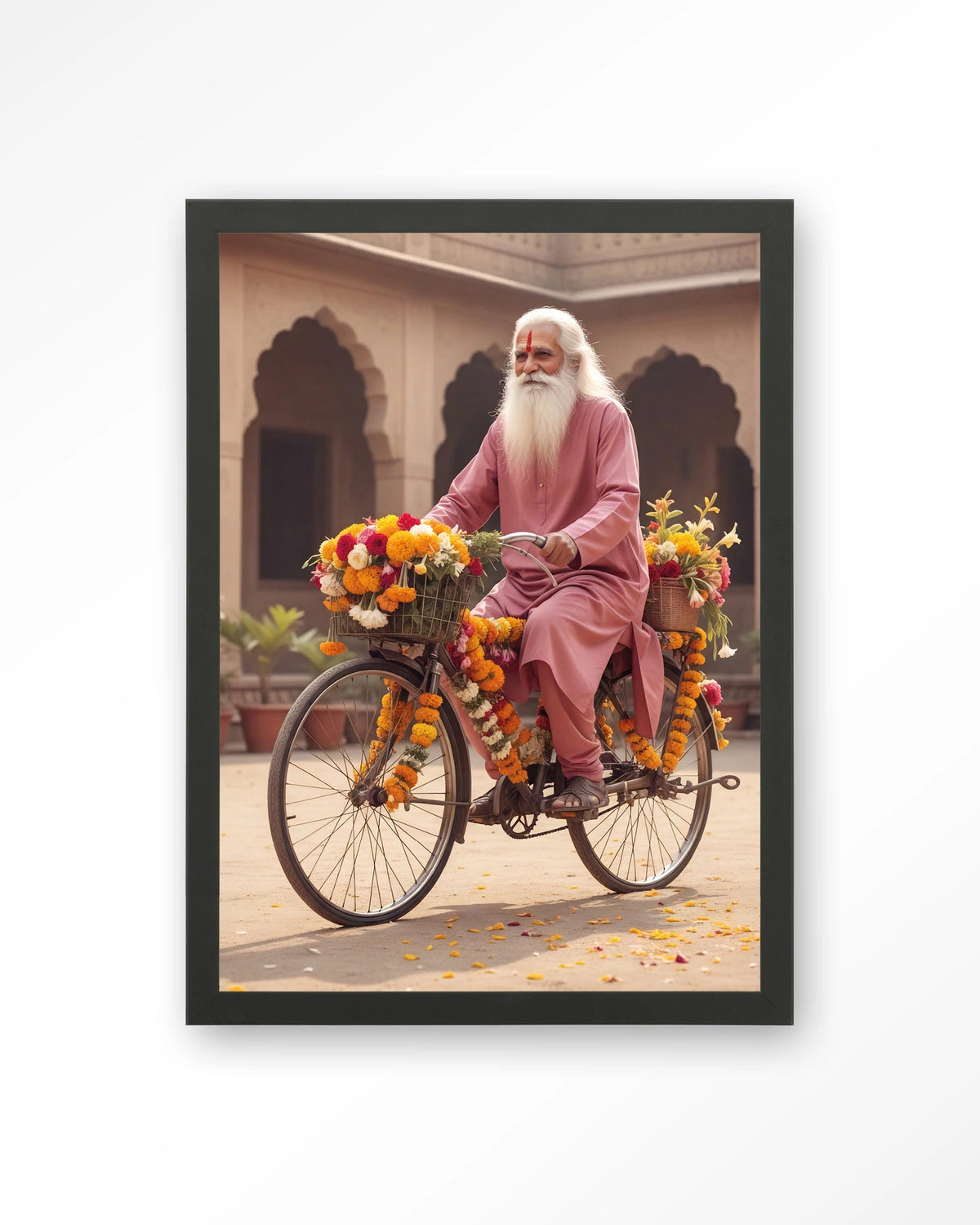 Flower Bike – man op fiets met bloemenslingers – Art print – Hout zwart
