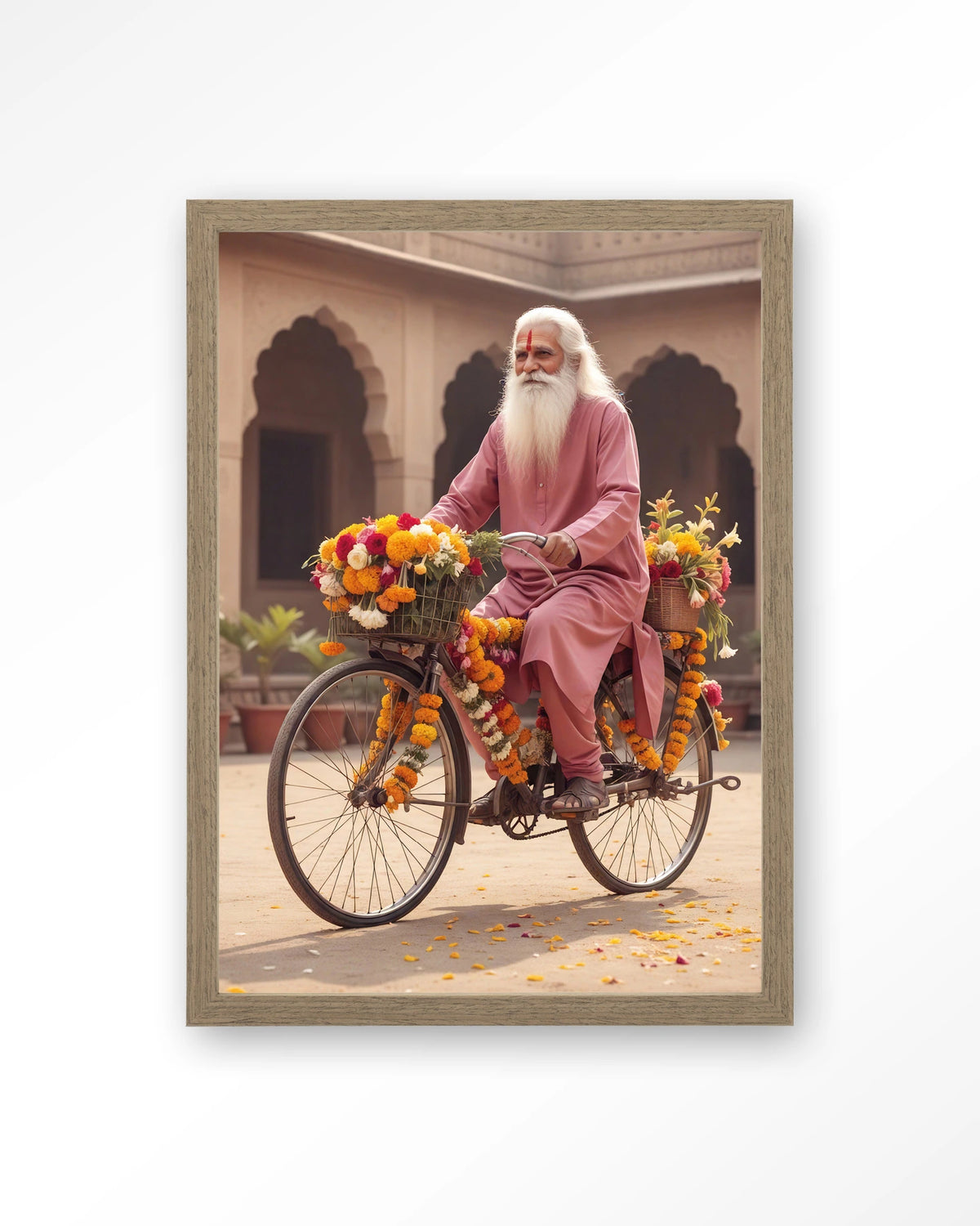 Flower Bike – man op fiets met bloemenslingers – Art print – Hout bruin