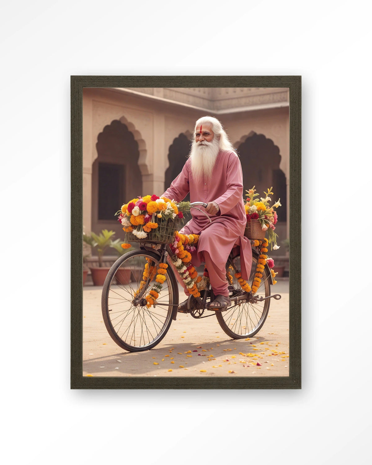 Flower Bike – man op fiets met bloemenslingers – Art print – Hout donkerbruin