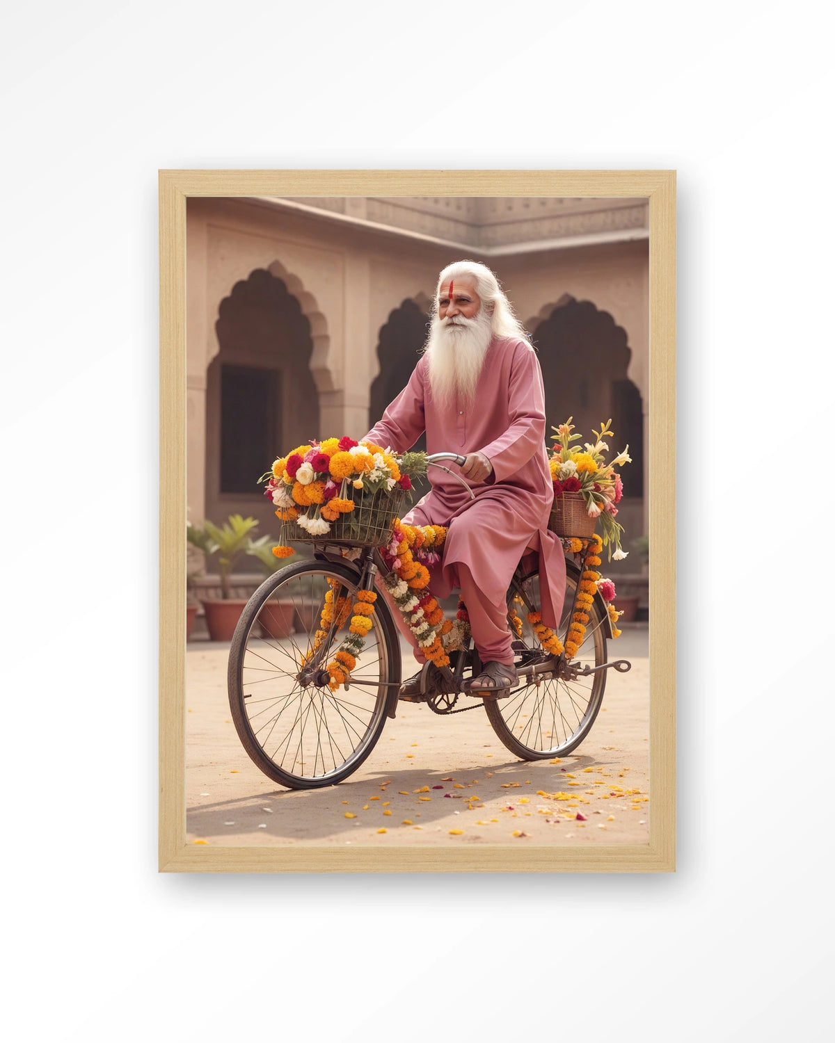 Flower Bike – man op fiets met bloemenslingers – Art print – Hout naturel