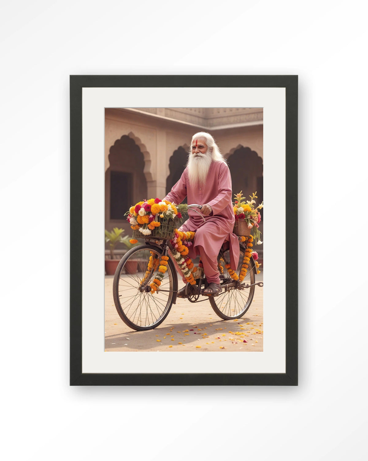 Flower Bike – man op fiets met bloemenslingers – Art print – Hout zwart + passe-partout