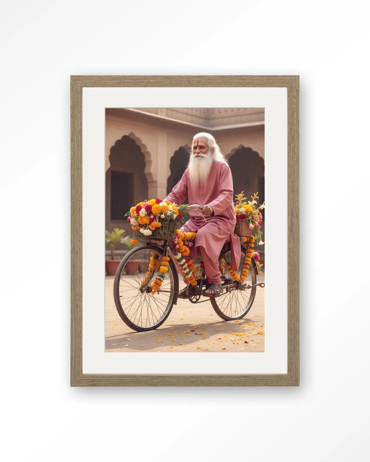 Flower Bike – man op fiets met bloemenslingers – Art print – Hout bruin + passe-partout