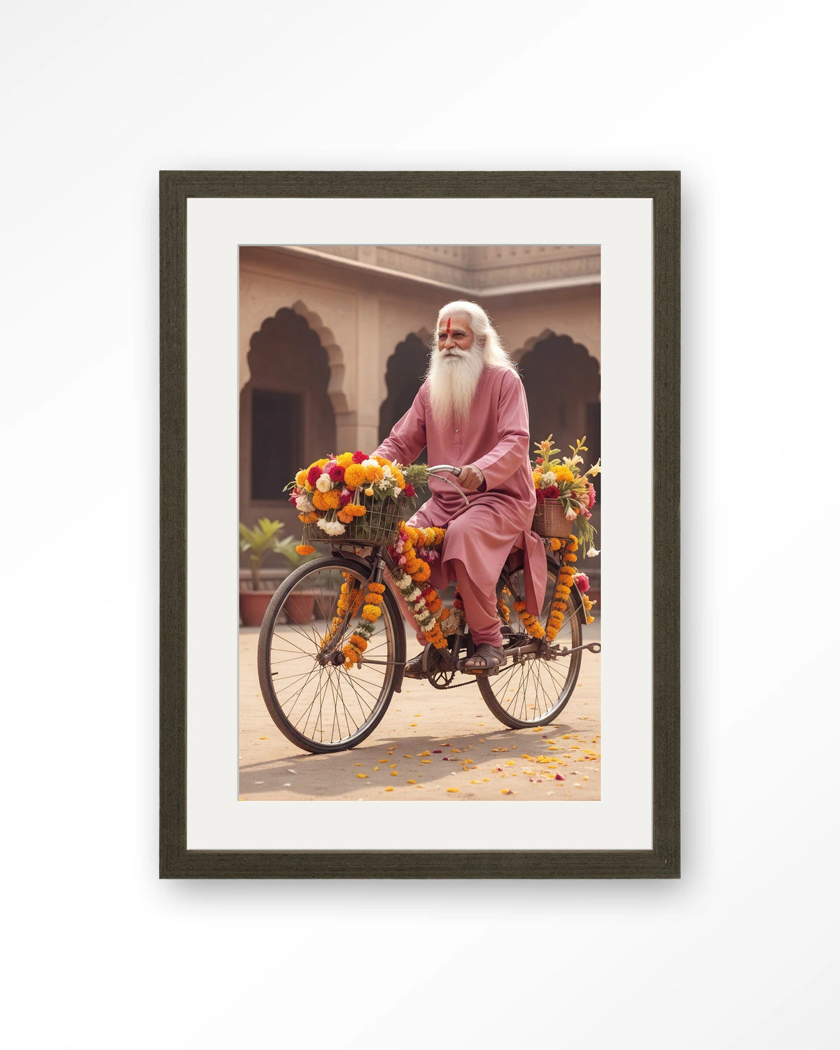 Flower Bike – man op fiets met bloemenslingers – Art print – Hout donkerbruin + passe-partout