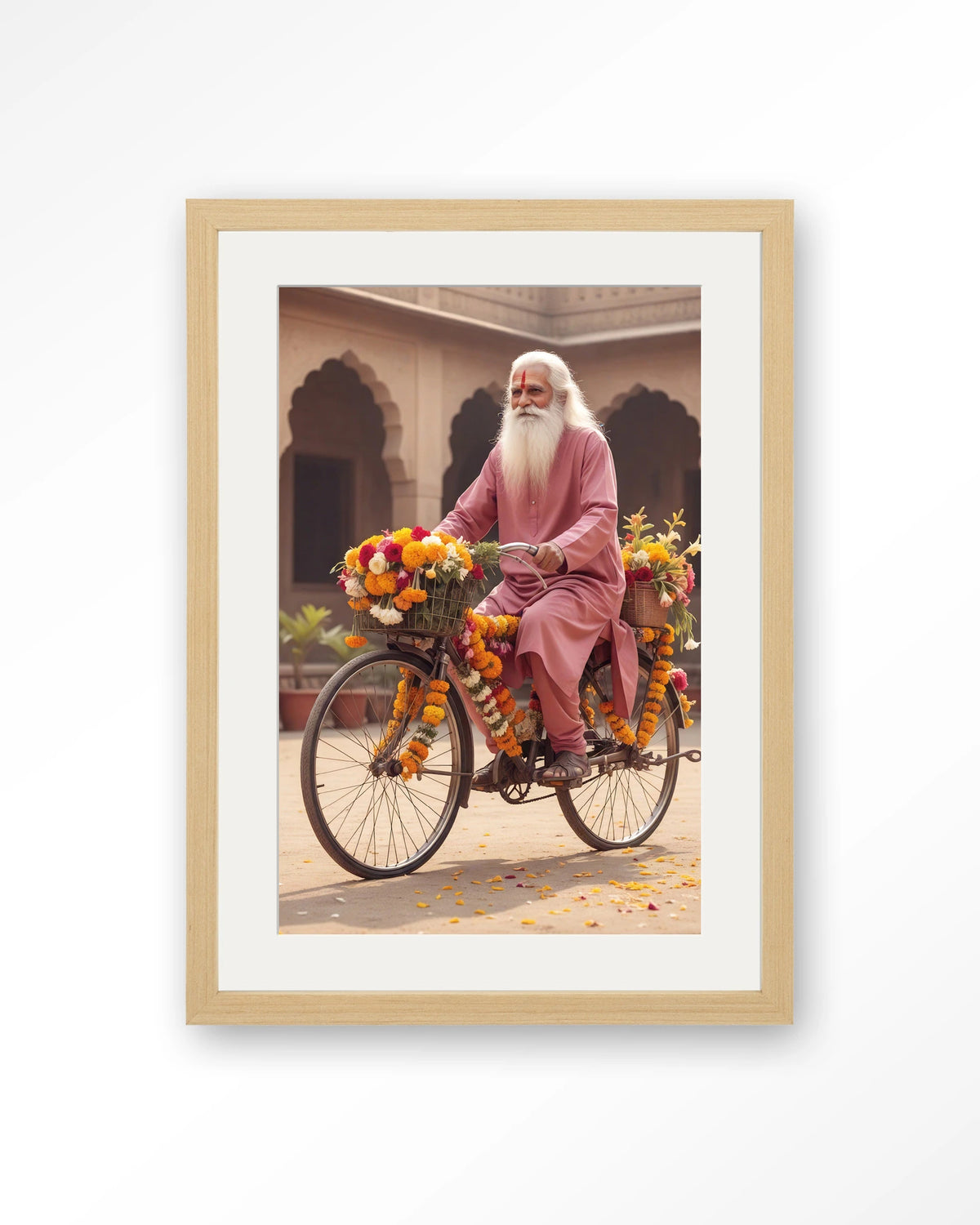 Flower Bike – man op fiets met bloemenslingers – Art print – Hout naturel + passe-partout