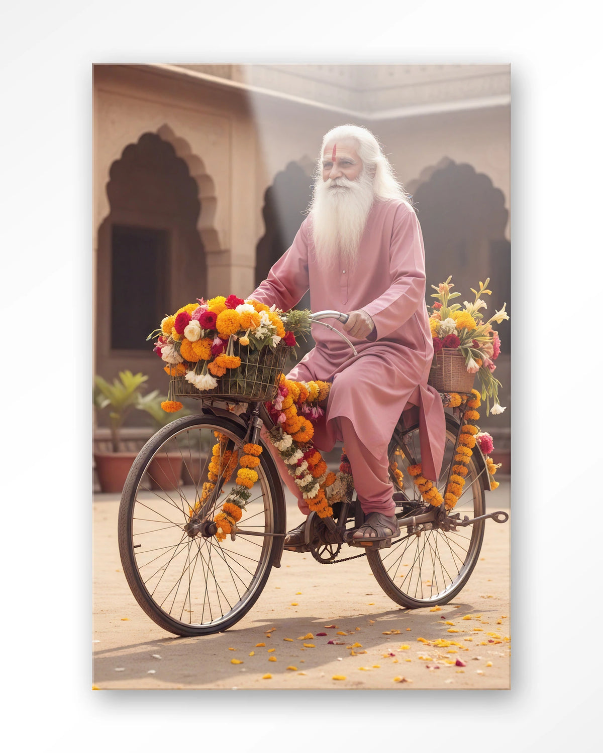 Flower Bike – man op fiets met bloemenslingers – Glas – Blinde montage
