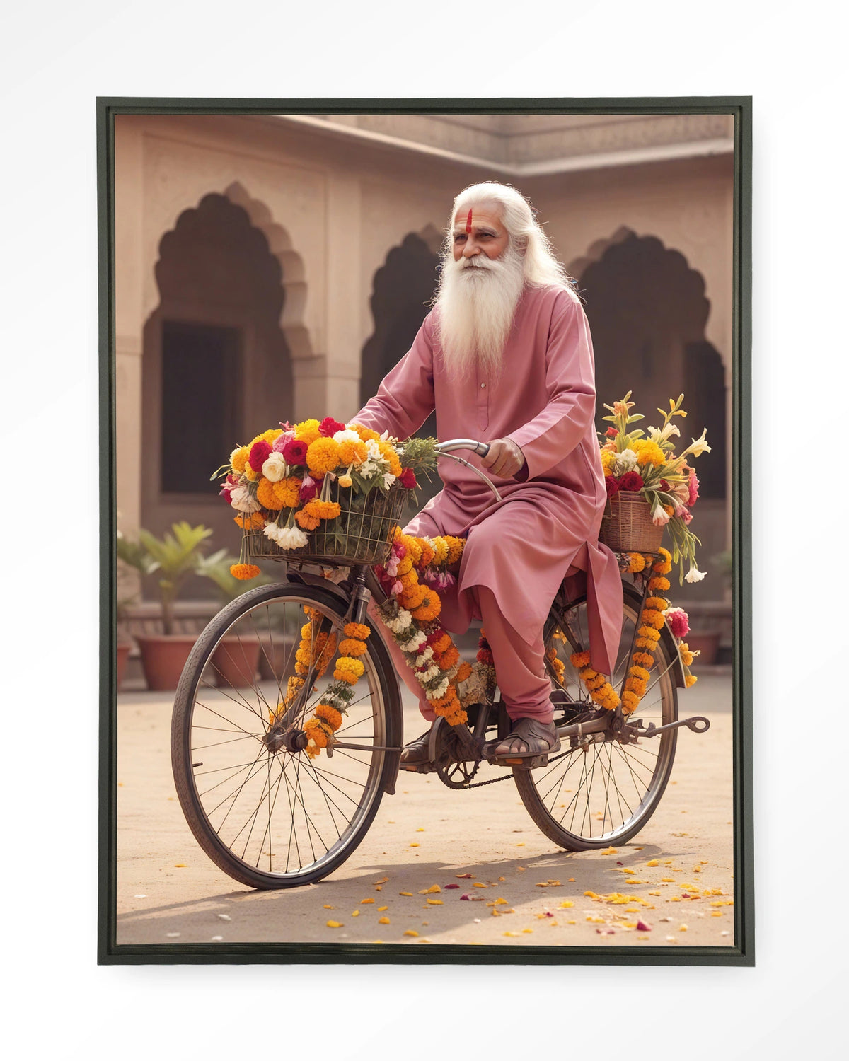 Flower Bike – man op fiets met bloemenslingers – Wandkleed – Floating frame – zwart