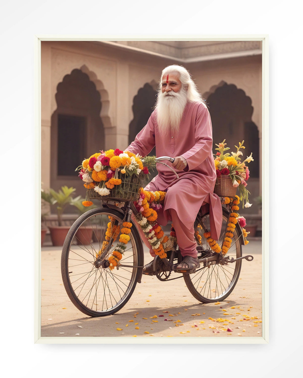 Flower Bike – man op fiets met bloemenslingers – Wandkleed – Floating frame – wit
