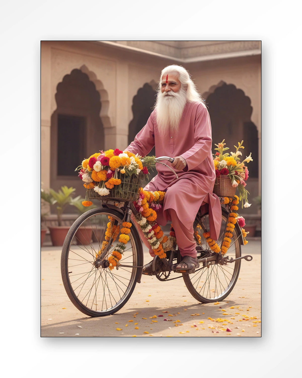 Flower Bike – man op fiets met bloemenslingers – Wandkleed – Frame – zwart