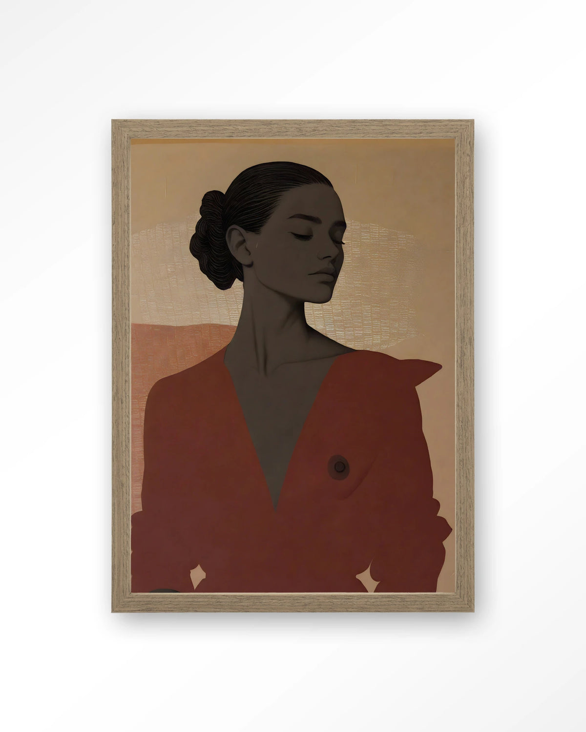 Raisa – portret van een vrouw in rood – Art print – Hout bruin
