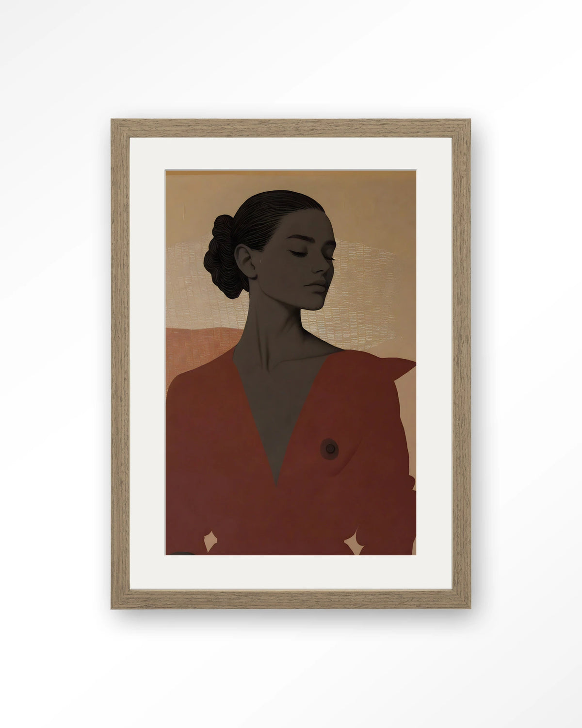 Raisa – portret van een vrouw in rood – Art print – Hout bruin + passe-partout