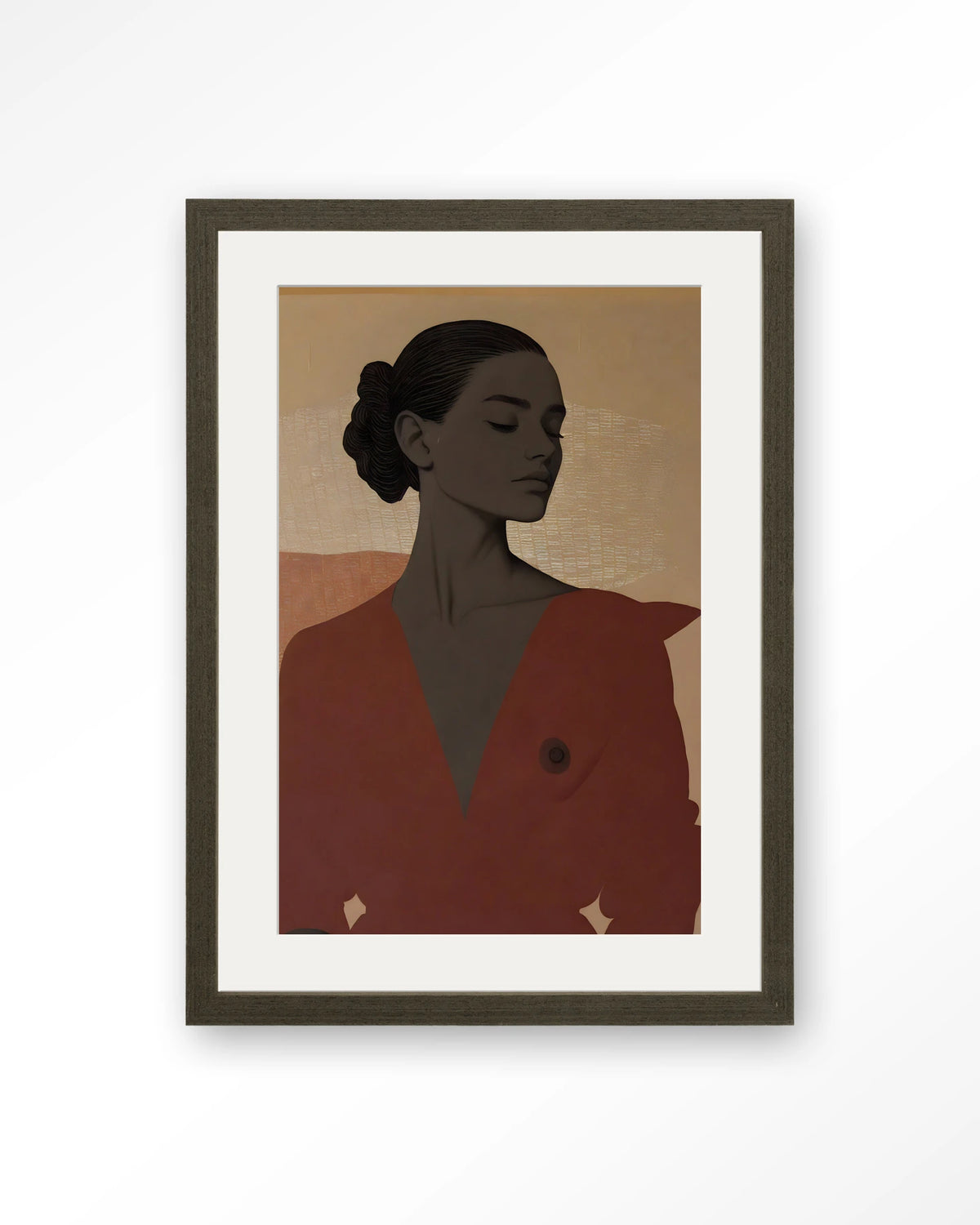 Raisa – portret van een vrouw in rood – Art print – Hout donkerbruin + passe-partout