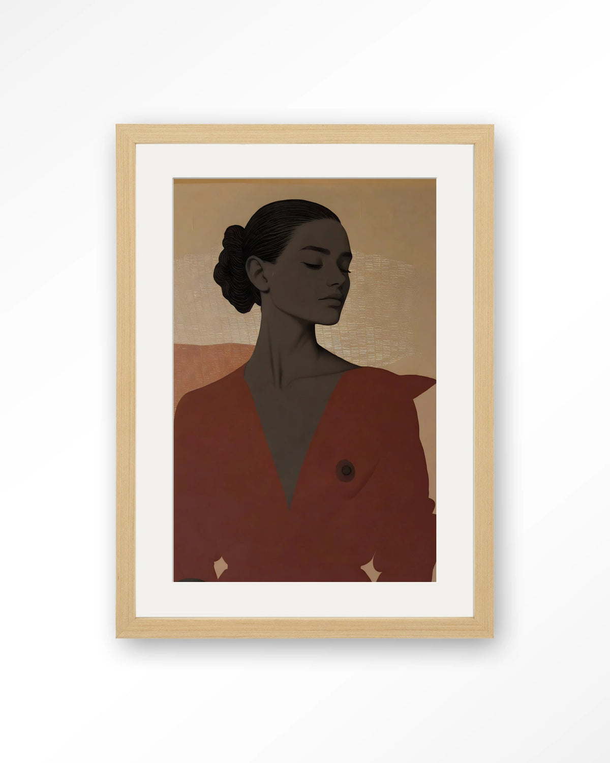 Raisa – portret van een vrouw in rood – Art print – Hout naturel + passe-partout