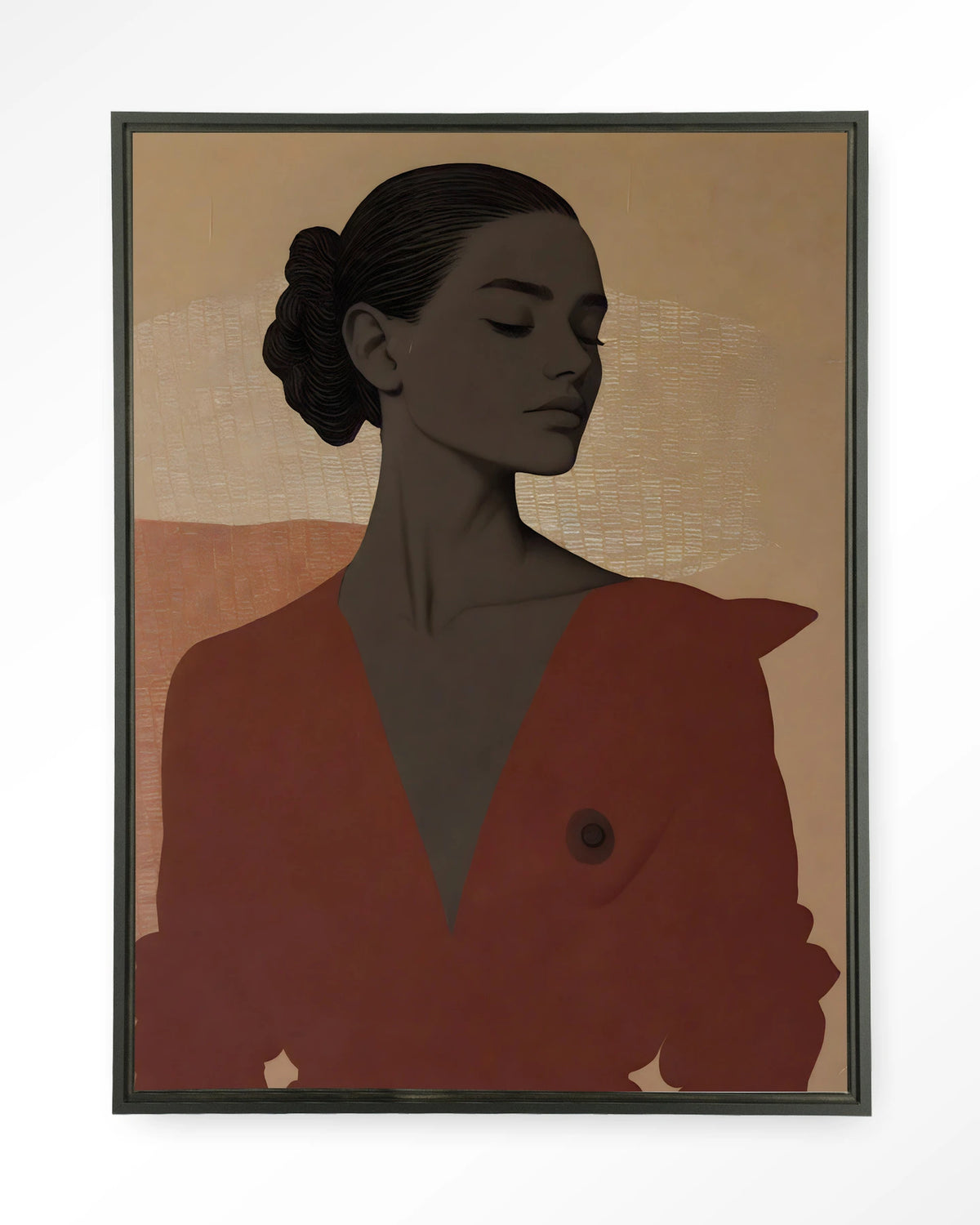 Raisa – portret van een vrouw in rood – Wandkleed – Floating frame – zwart