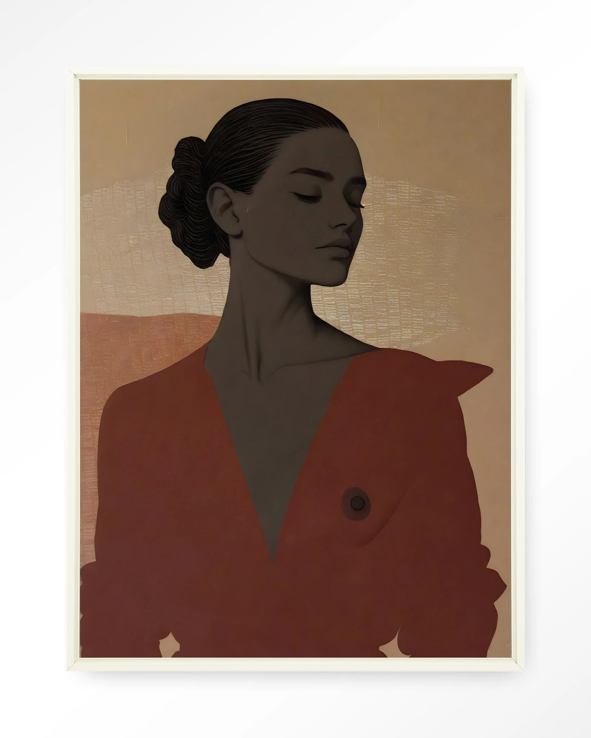 Raisa – portret van een vrouw in rood – Wandkleed – Floating frame – wit