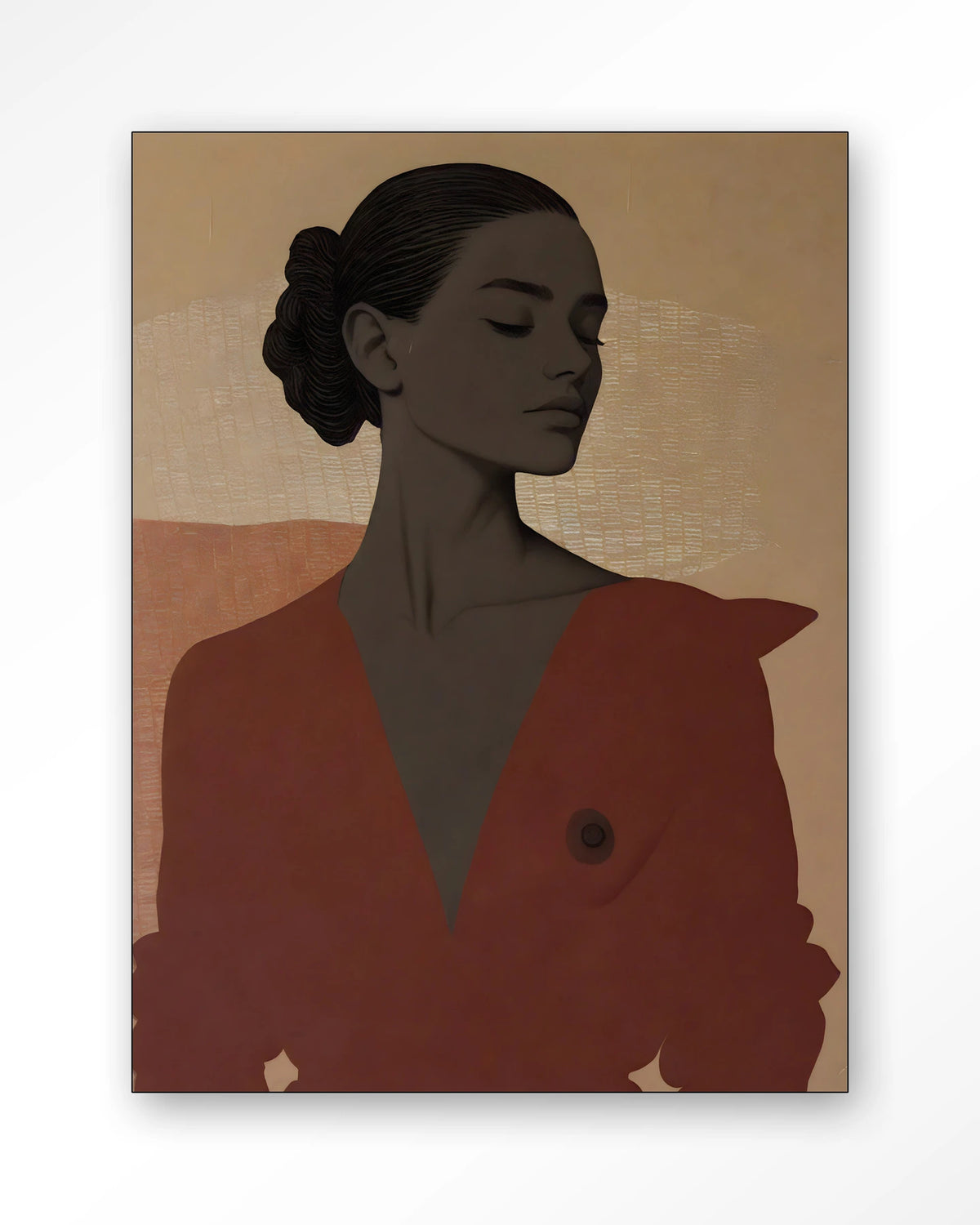 Raisa – portret van een vrouw in rood – Wandkleed – Frame – zwart