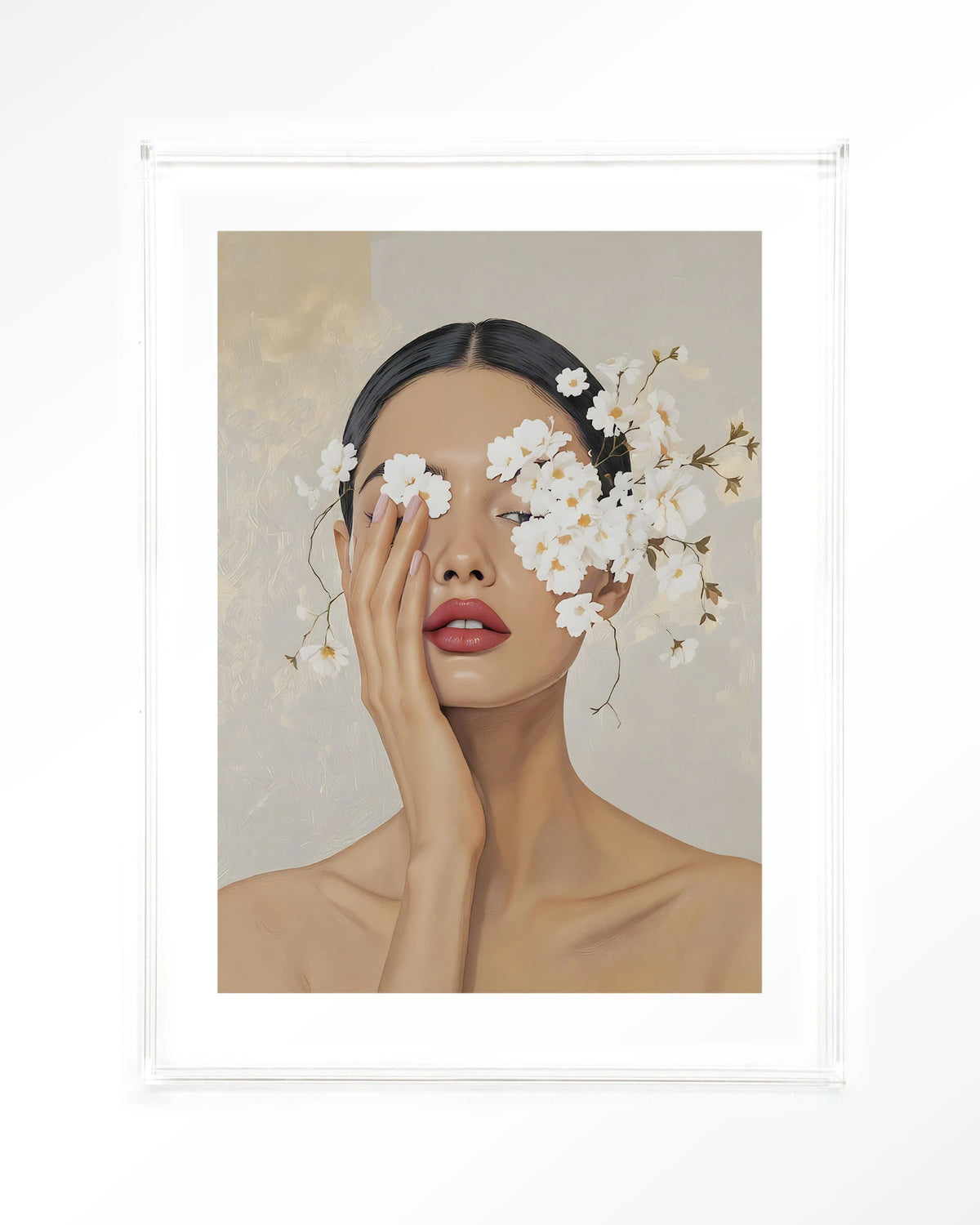 Clarince – vrouw met bloemen voor ogen – Art print – Acryl doorzichtig