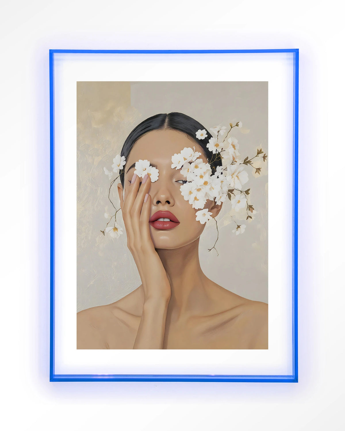 Clarince – vrouw met bloemen voor ogen – Art print – Acryl lichtblauw