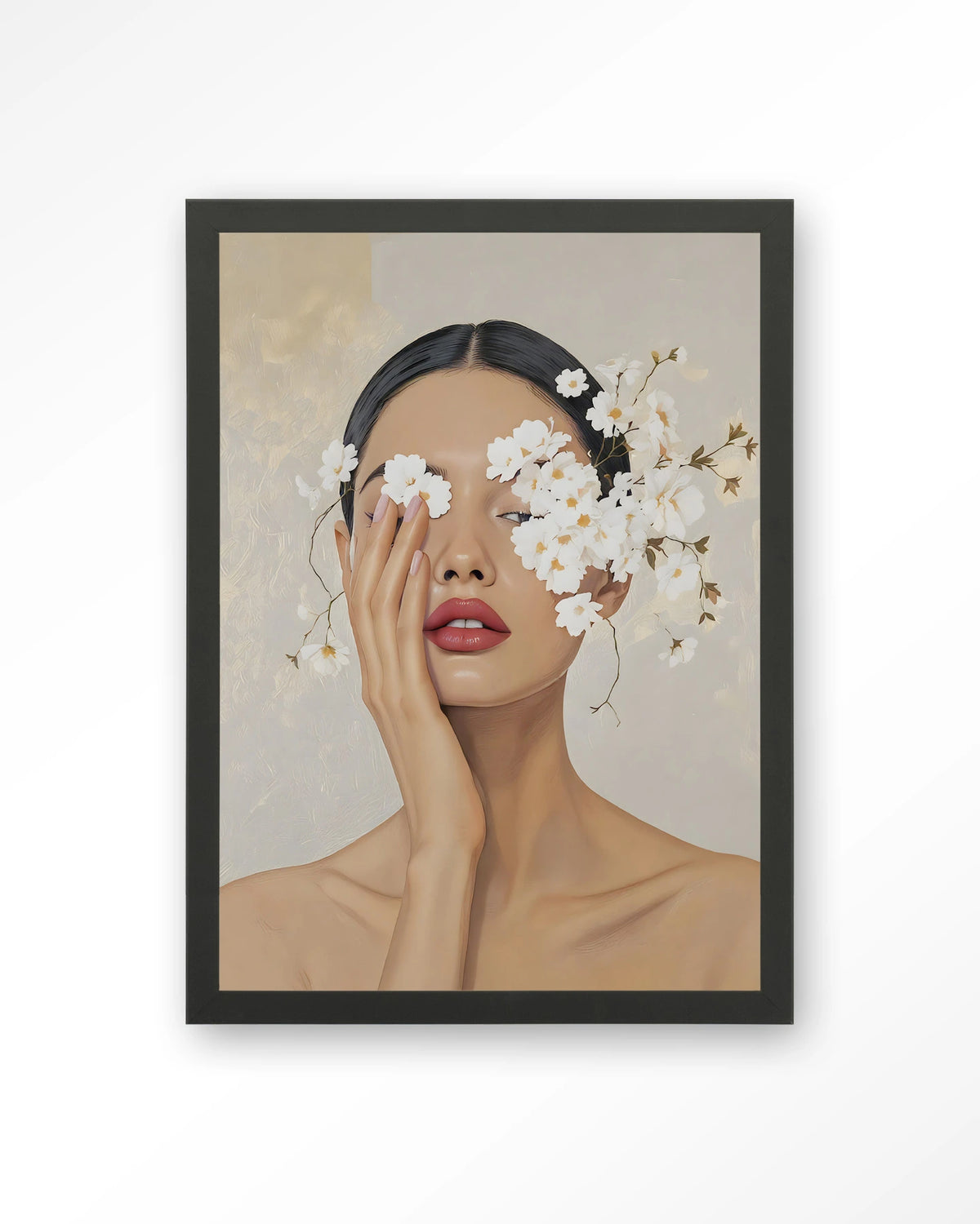 Clarince – vrouw met bloemen voor ogen – Art print – Hout zwart