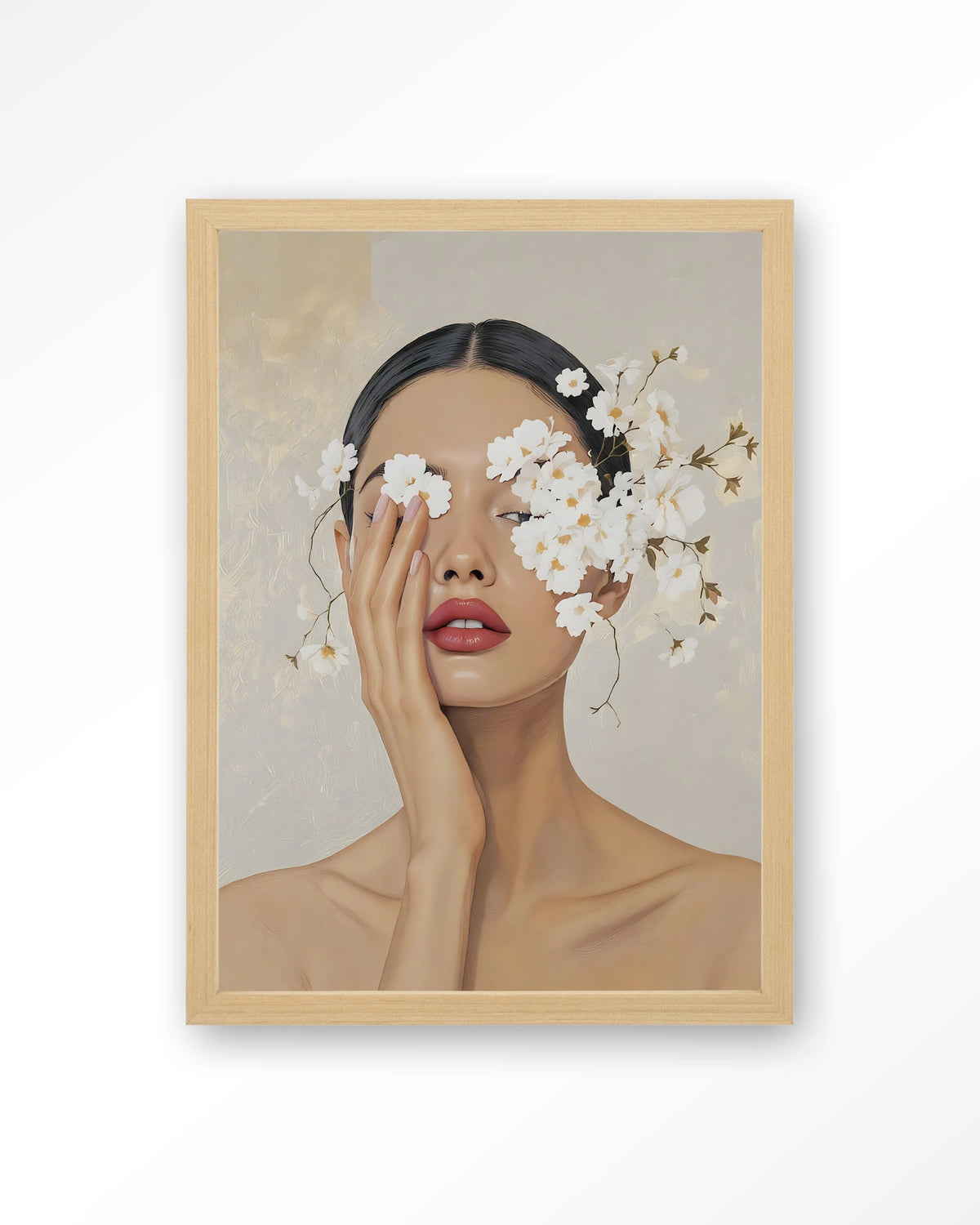 Clarince – vrouw met bloemen voor ogen – Art print – Hout naturel