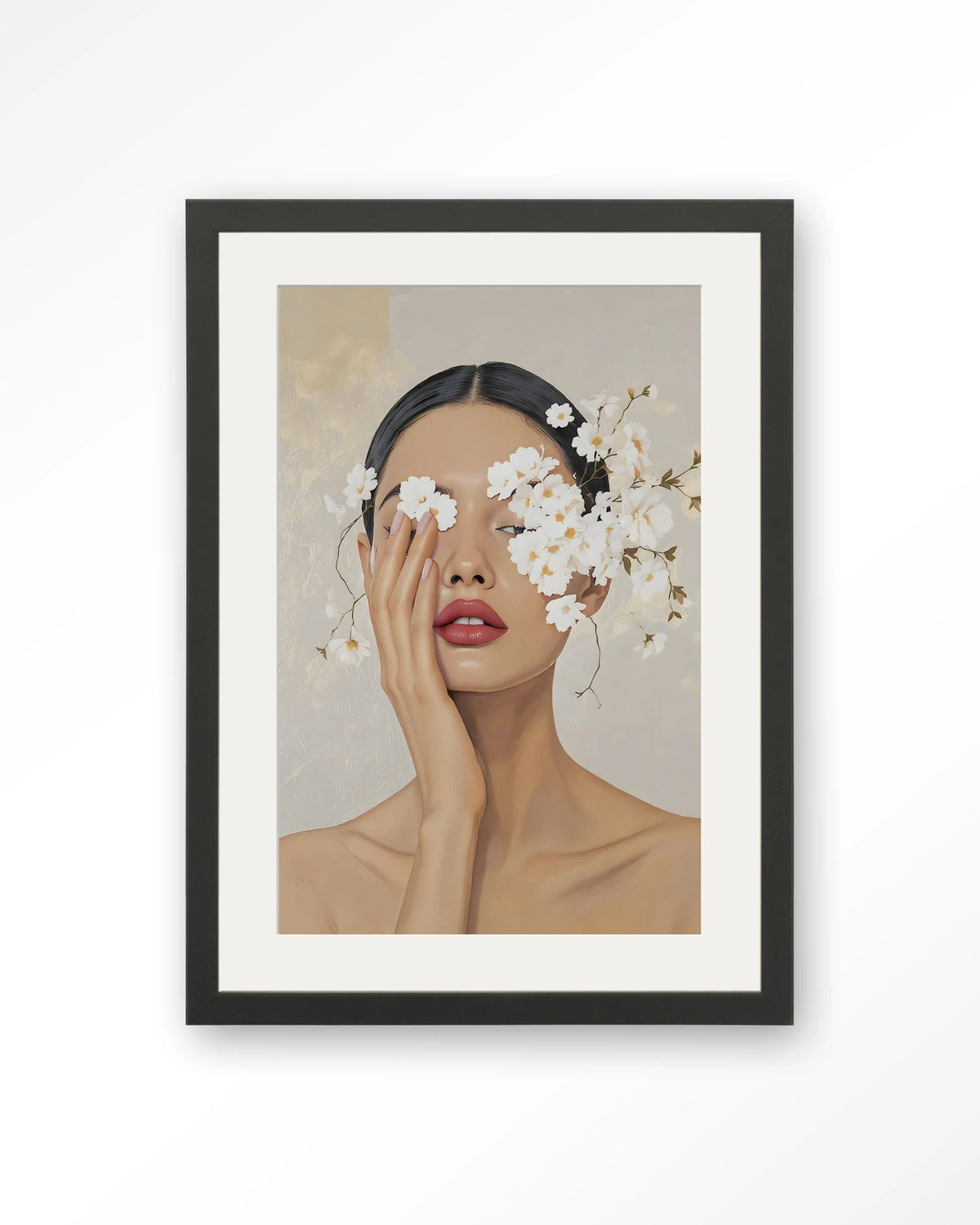 Clarince – vrouw met bloemen voor ogen – Art print – Hout zwart + passe-partout
