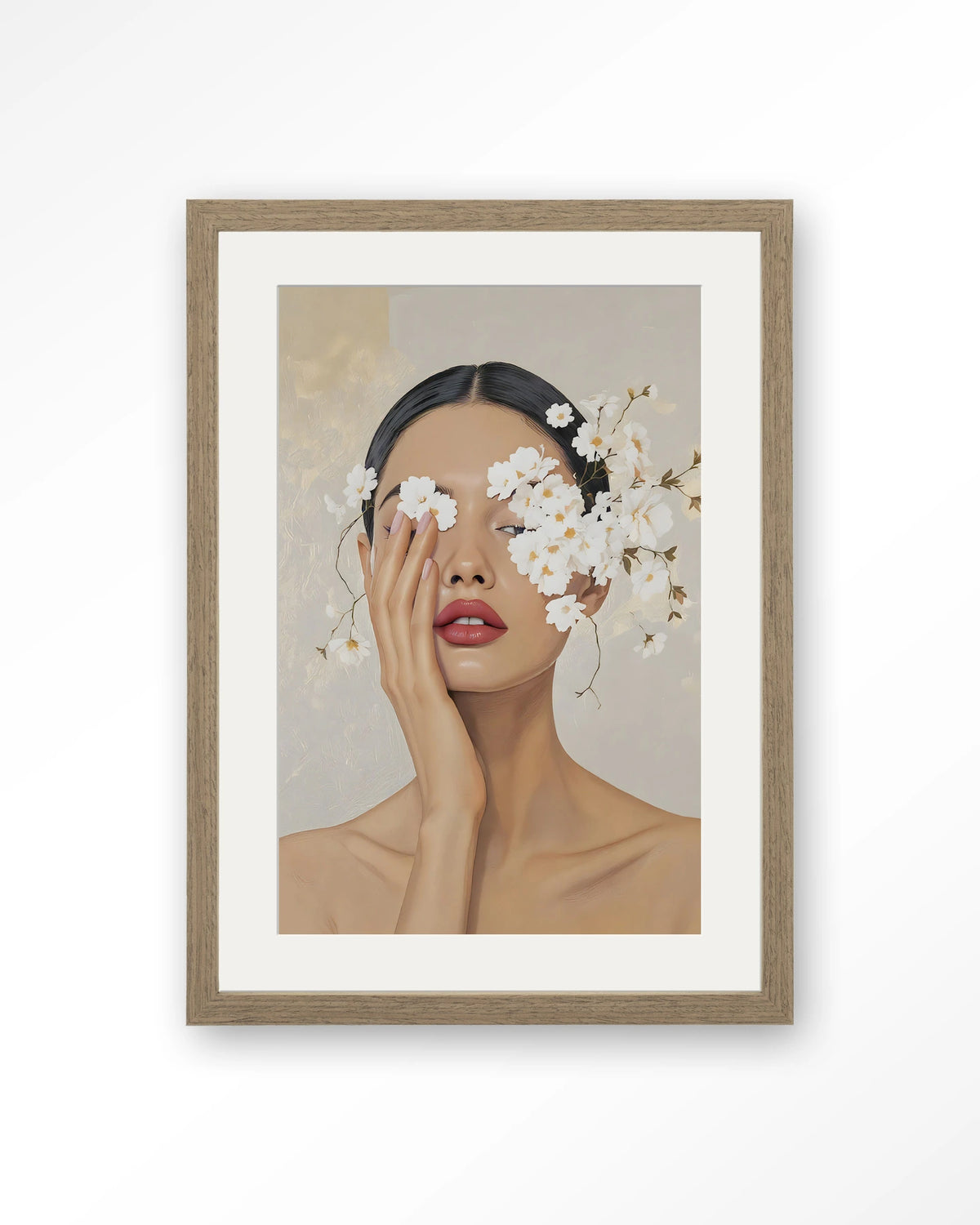 Clarince – vrouw met bloemen voor ogen – Art print – Hout bruin + passe-partout