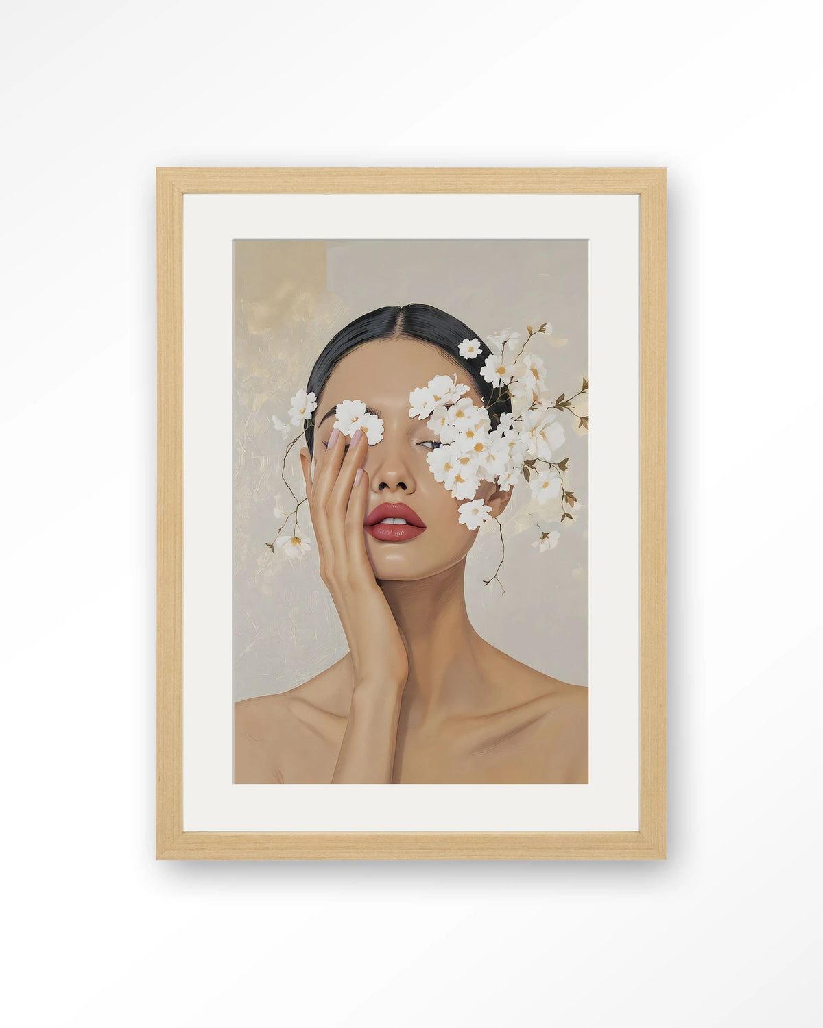 Clarince – vrouw met bloemen voor ogen – Art print – Hout naturel + passe-partout