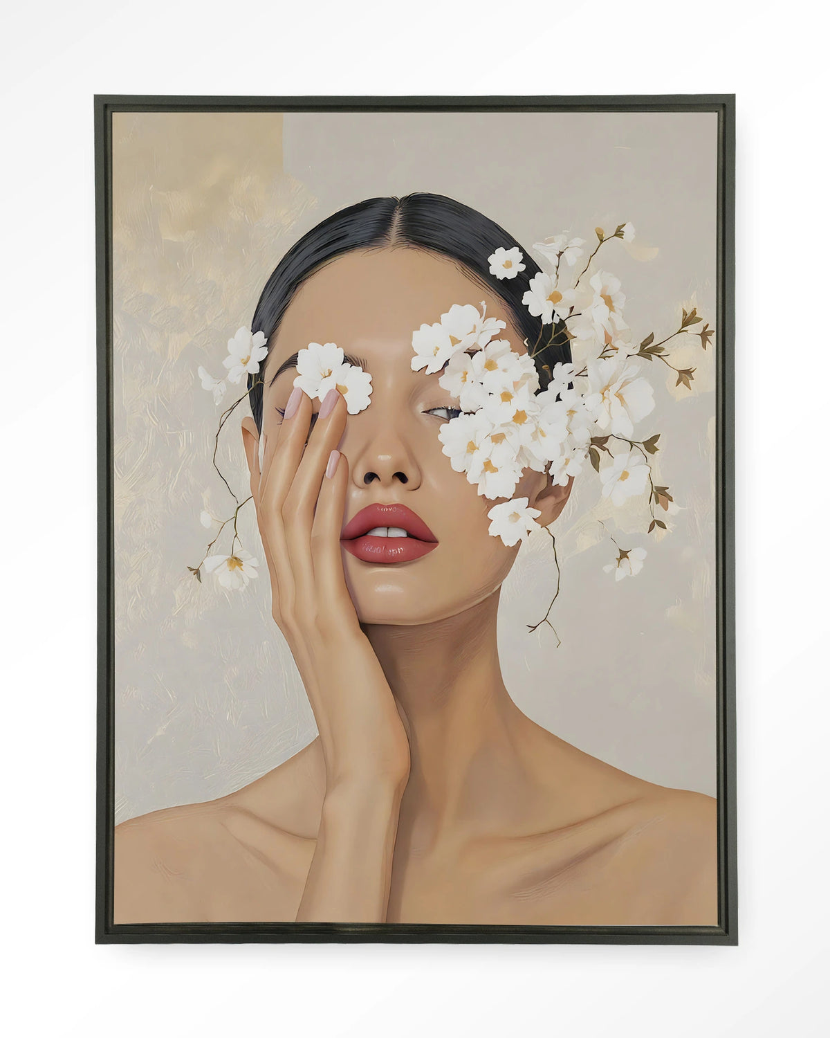 Clarince – vrouw met bloemen voor ogen – Wandkleed – Floating frame – zwart