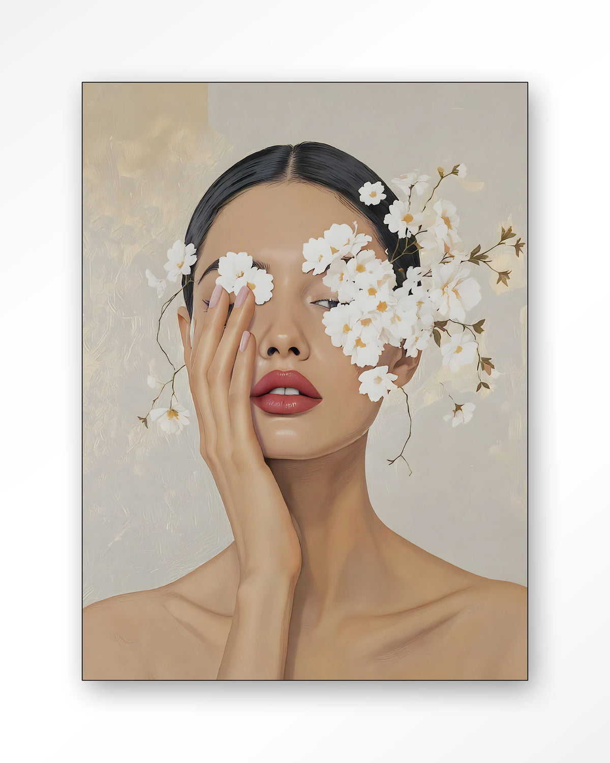Clarince – vrouw met bloemen voor ogen – Wandkleed – Frame – zwart