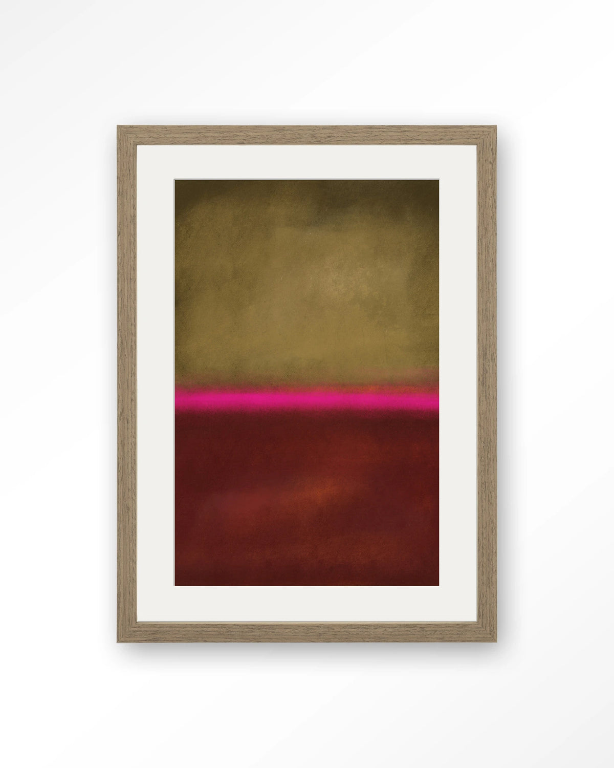 Paradox – abstract in goud, roze en rood – Art print – Hout bruin + passe-partout