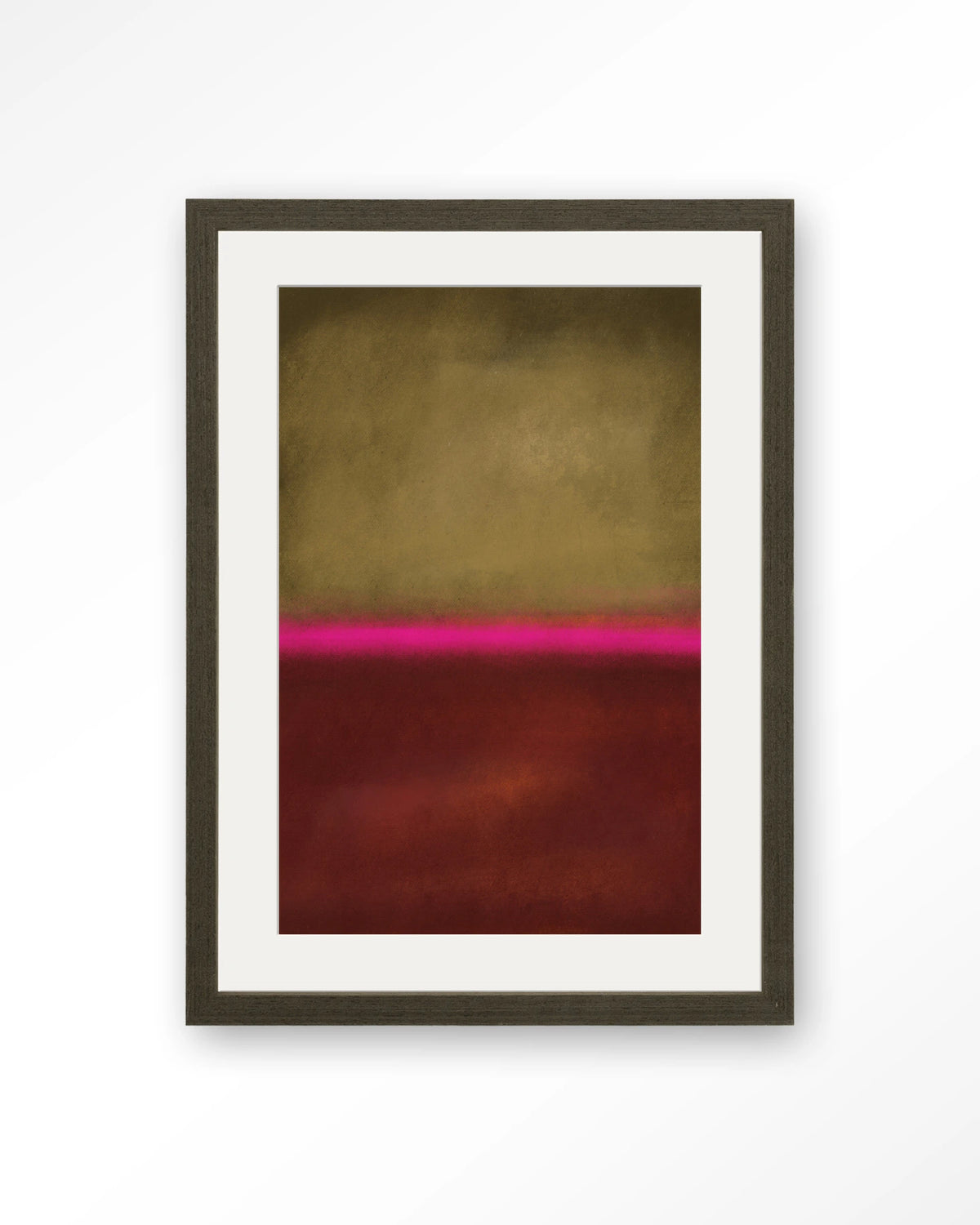 Paradox – abstract in goud, roze en rood – Art print – Hout donkerbruin + passe-partout
