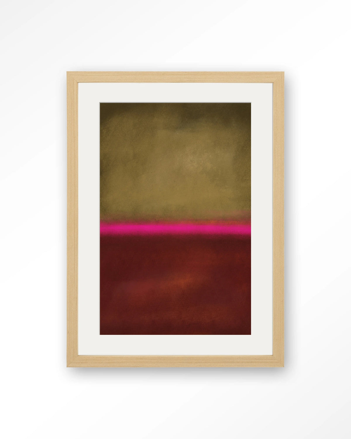 Paradox – abstract in goud, roze en rood – Art print – Hout naturel + passe-partout
