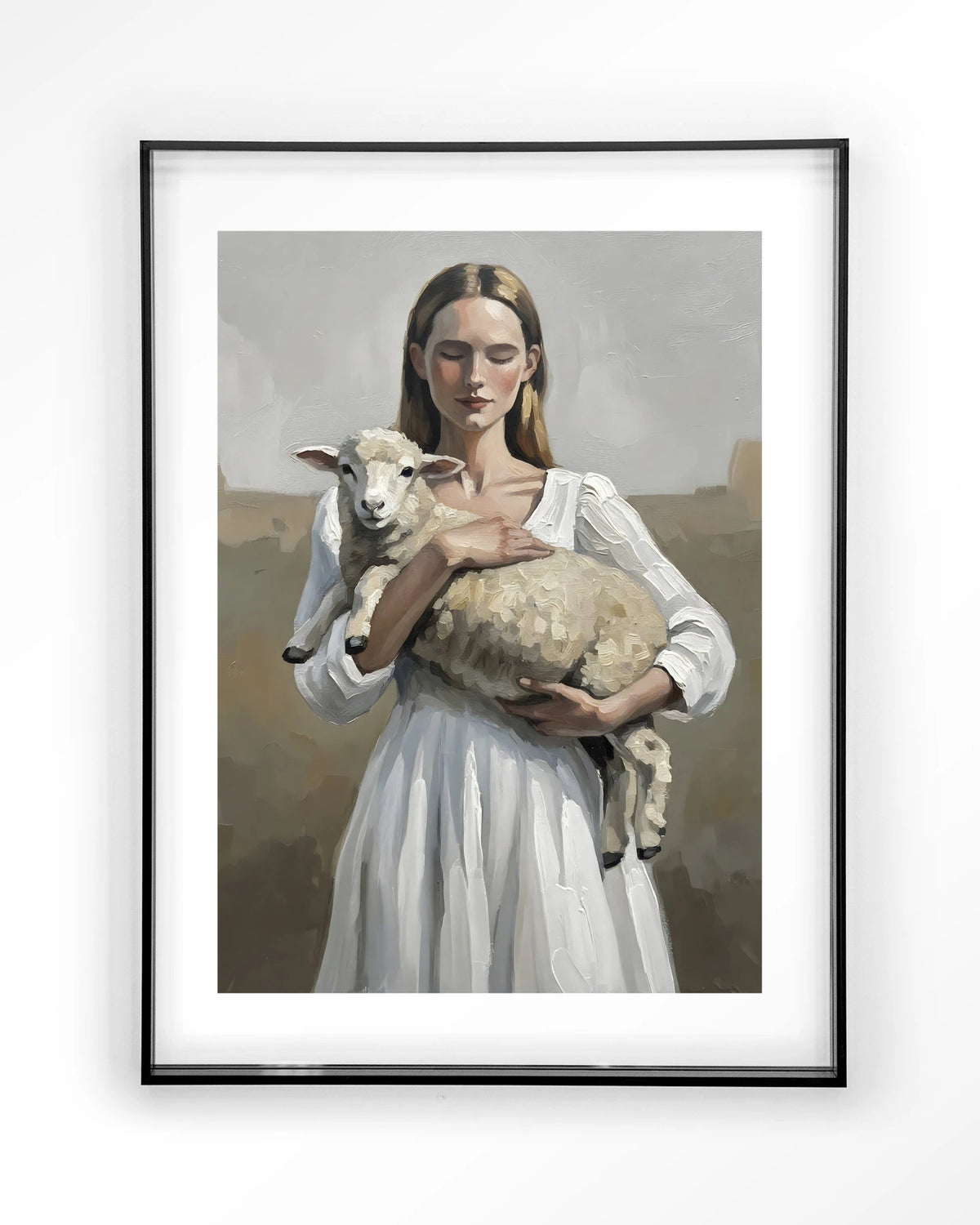 Baby Sheep – vrouw met lammetje – Art print – Acryl zwart