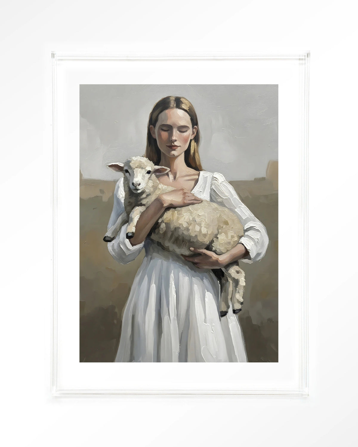 Baby Sheep – vrouw met lammetje – Art print – Acryl doorzichtig
