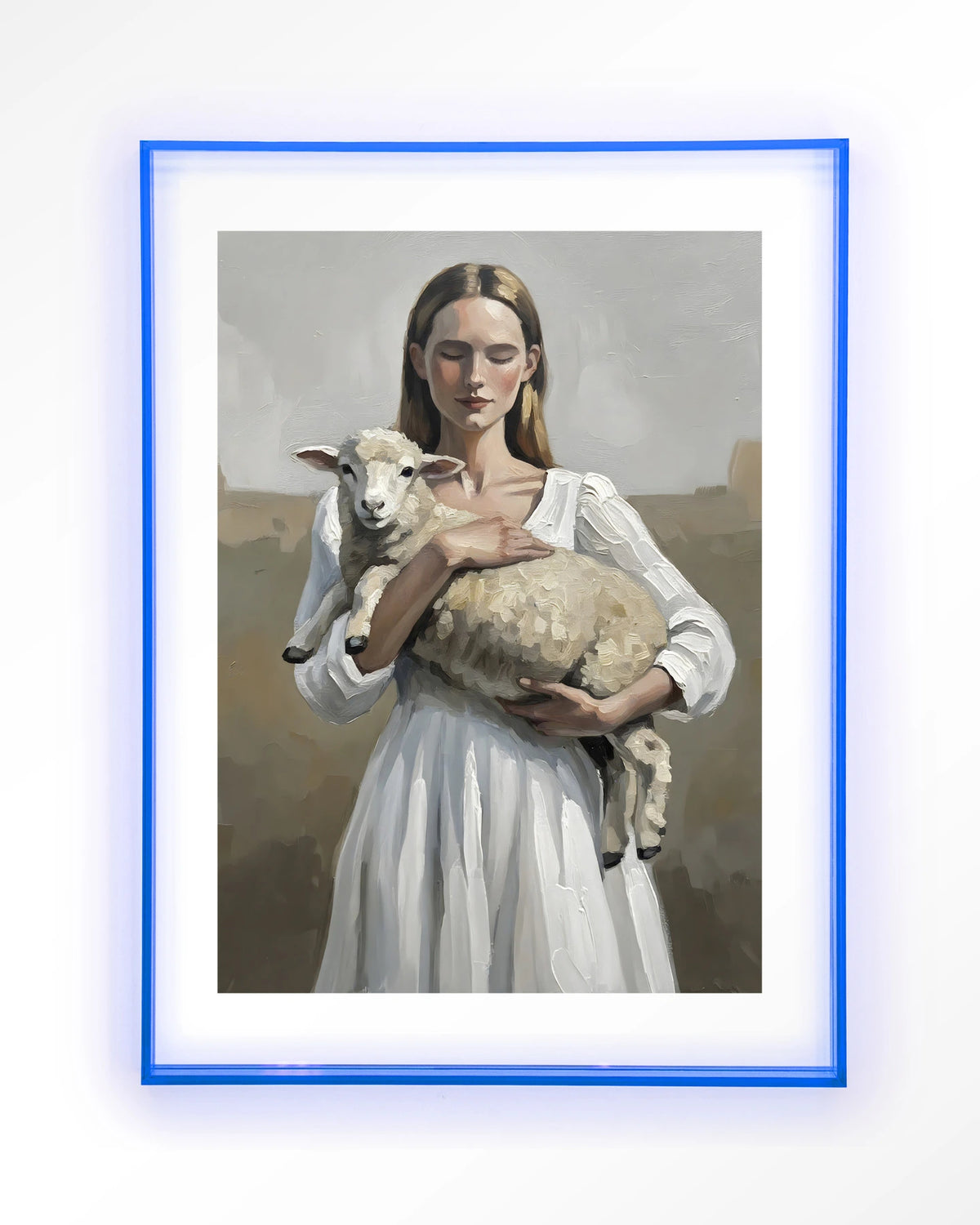 Baby Sheep – vrouw met lammetje – Art print – Acryl lichtblauw