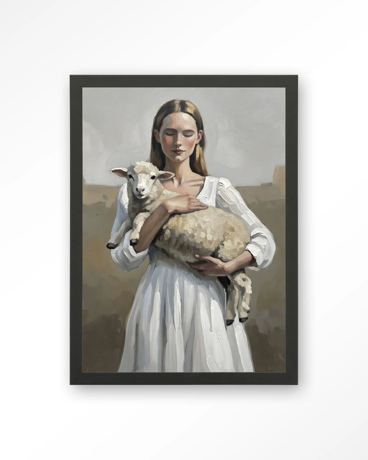 Baby Sheep – vrouw met lammetje – Art print – Hout zwart