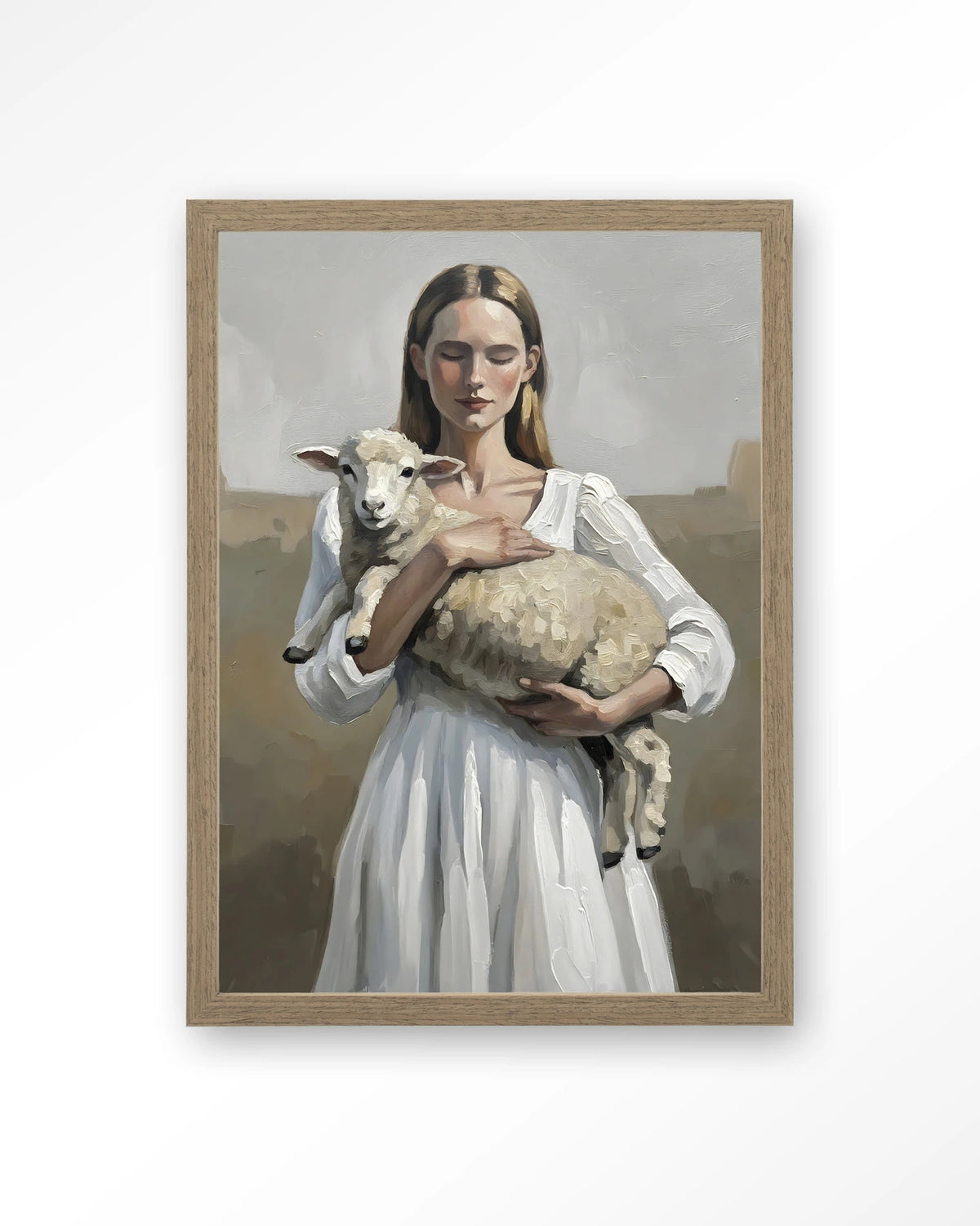 Baby Sheep – vrouw met lammetje – Art print – Hout bruin