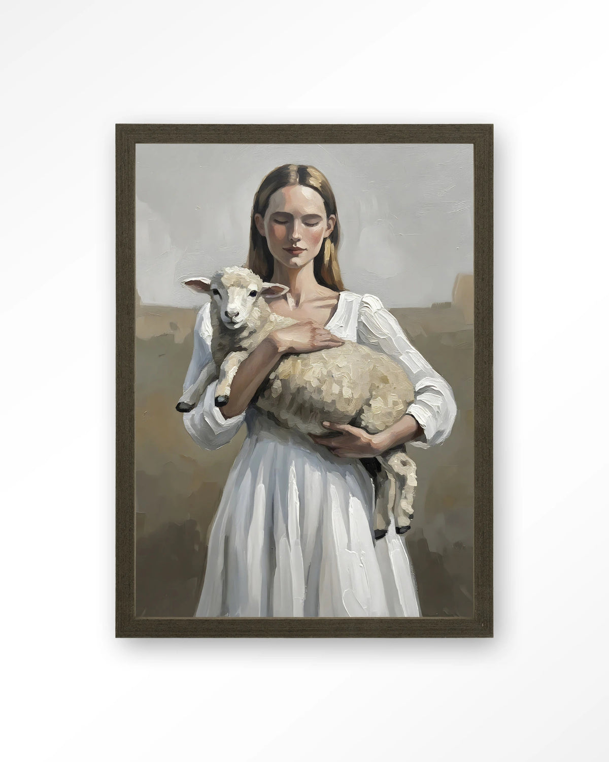 Baby Sheep – vrouw met lammetje – Art print – Hout donkerbruin