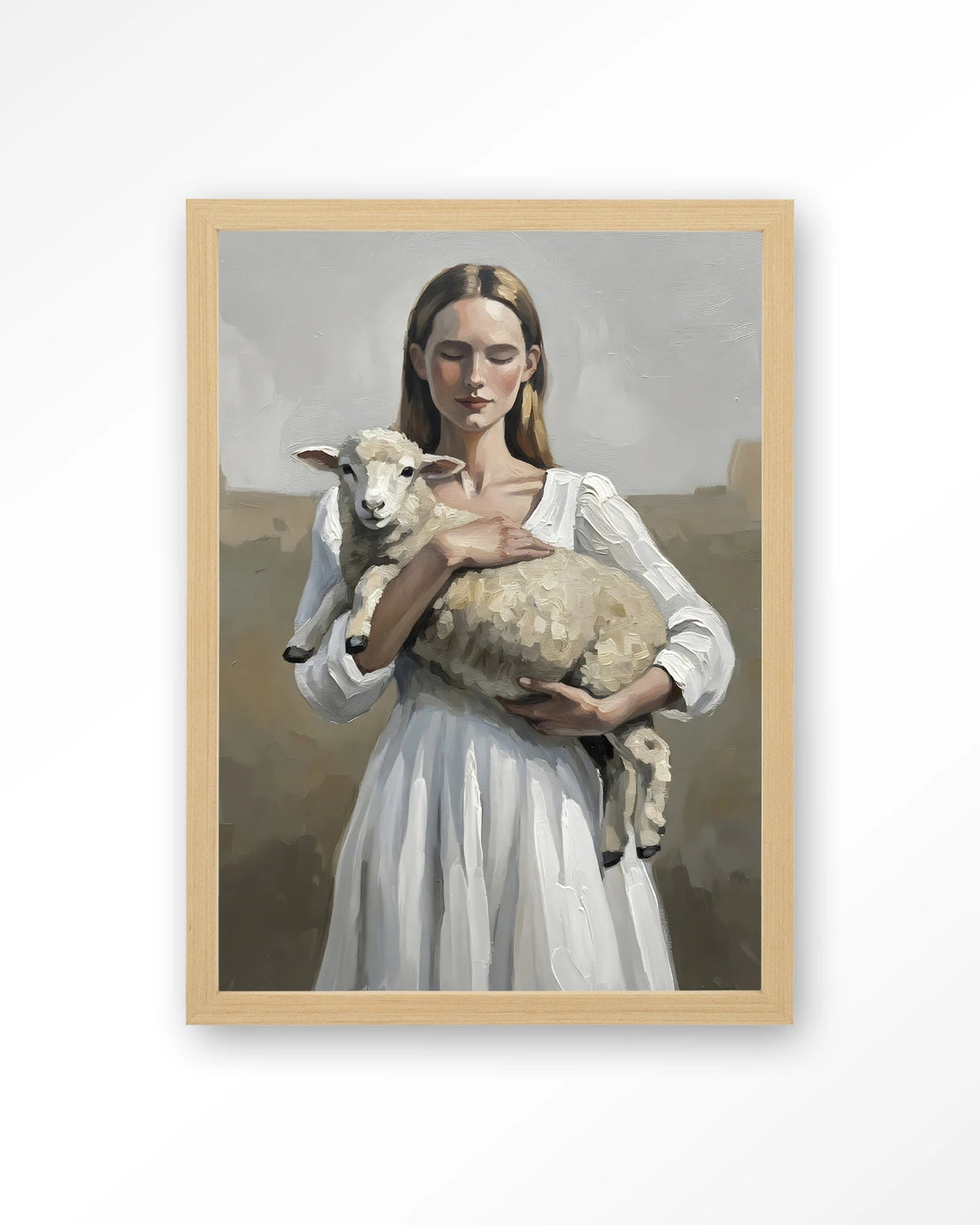 Baby Sheep – vrouw met lammetje – Art print – Hout naturel