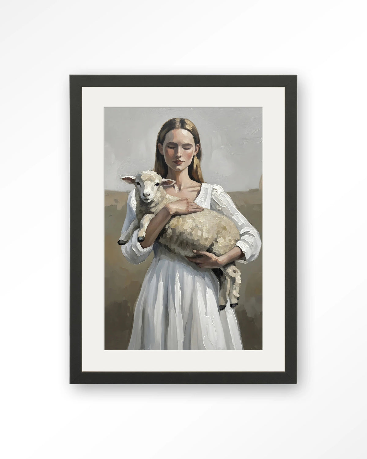 Baby Sheep – vrouw met lammetje – Art print – Hout zwart + passe-partout