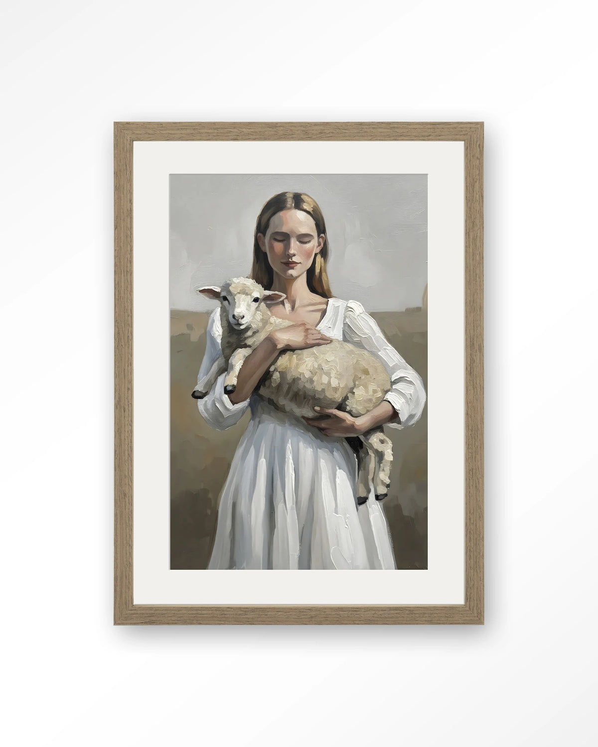 Baby Sheep – vrouw met lammetje – Art print – Hout bruin + passe-partout