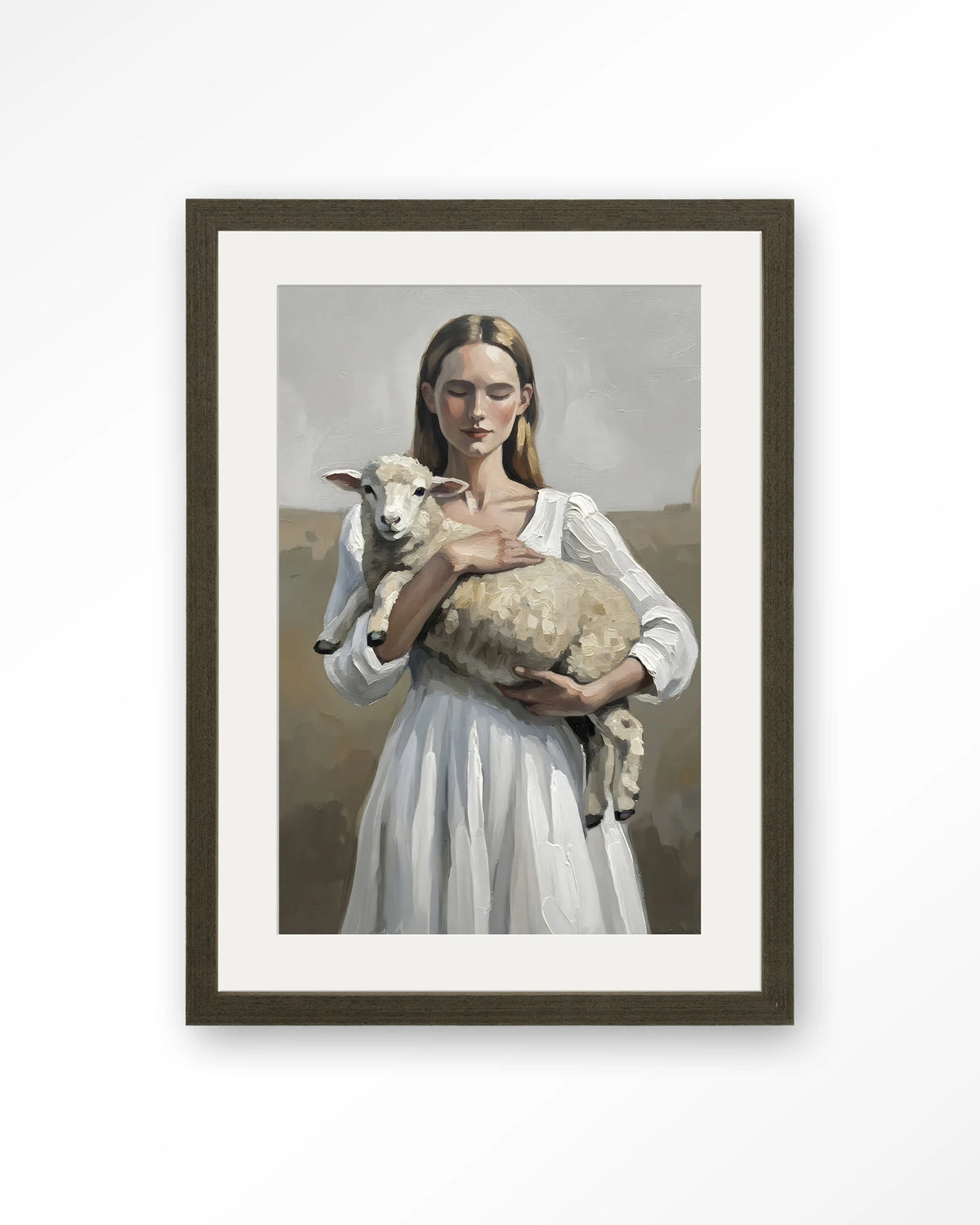 Baby Sheep – vrouw met lammetje – Art print – Hout donkerbruin + passe-partout